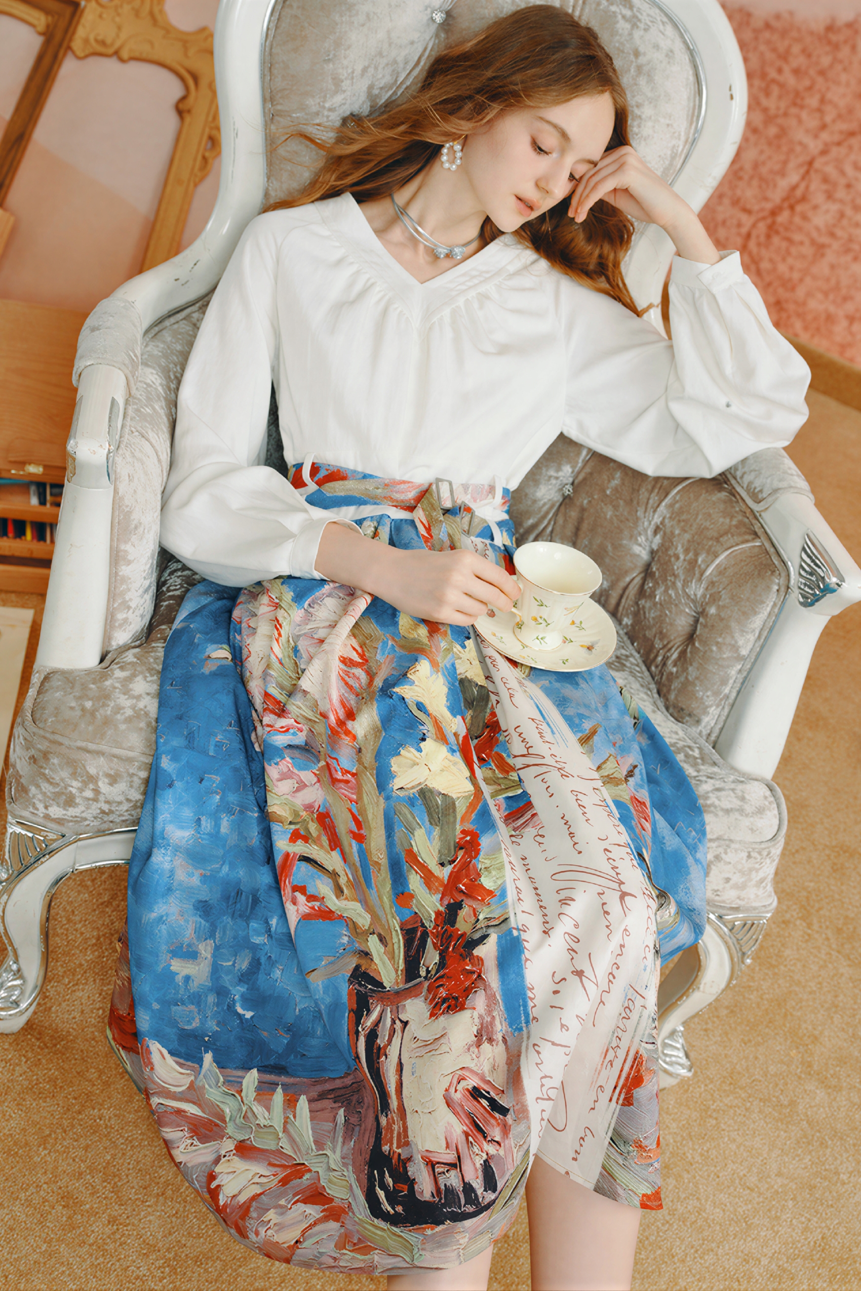 Van Gogh-Inspired French-Style V-Neck A-Line Dress