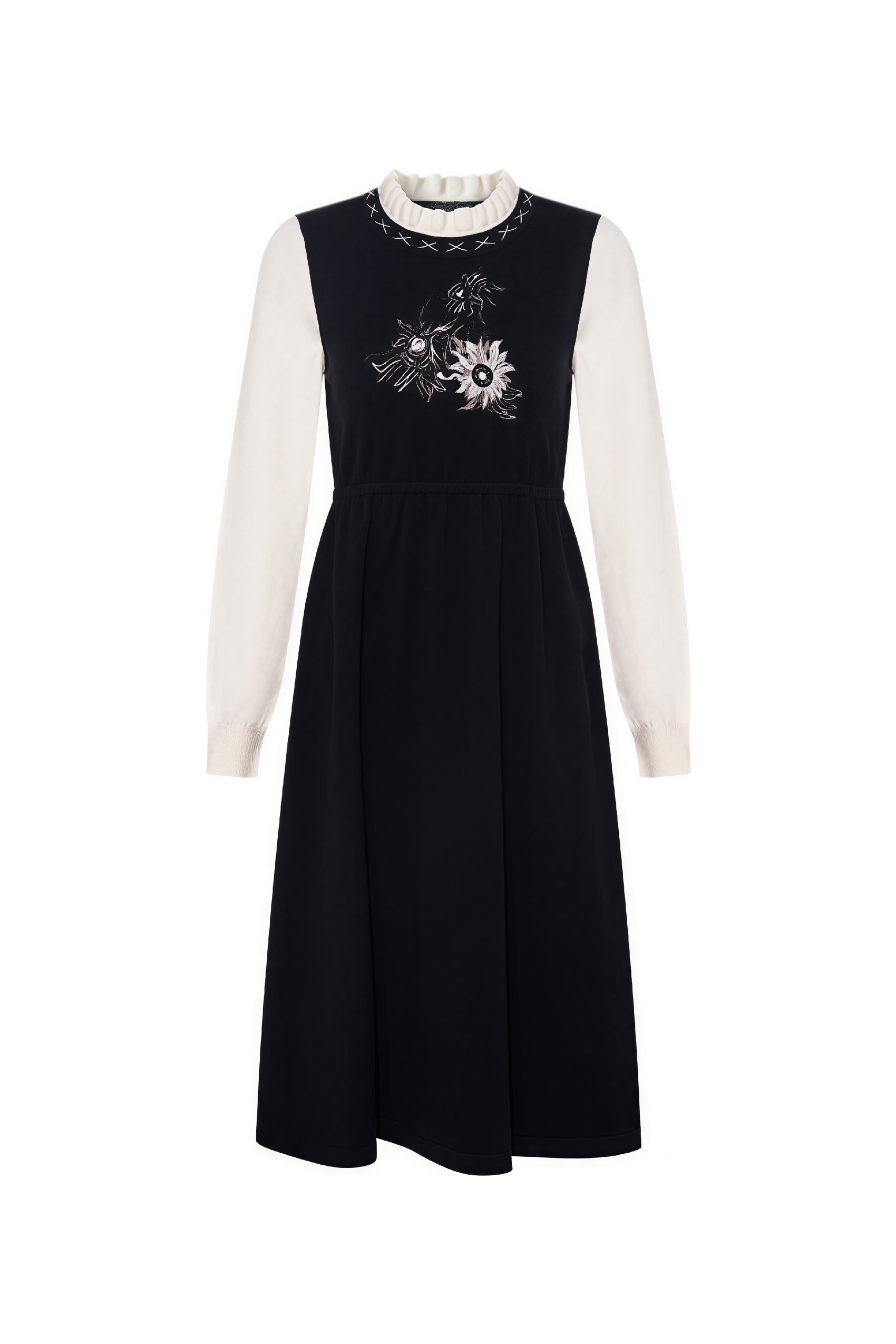 Van Gogh-Inspired Black Layered Knit Long-Sleeve Dress-LYONSENS