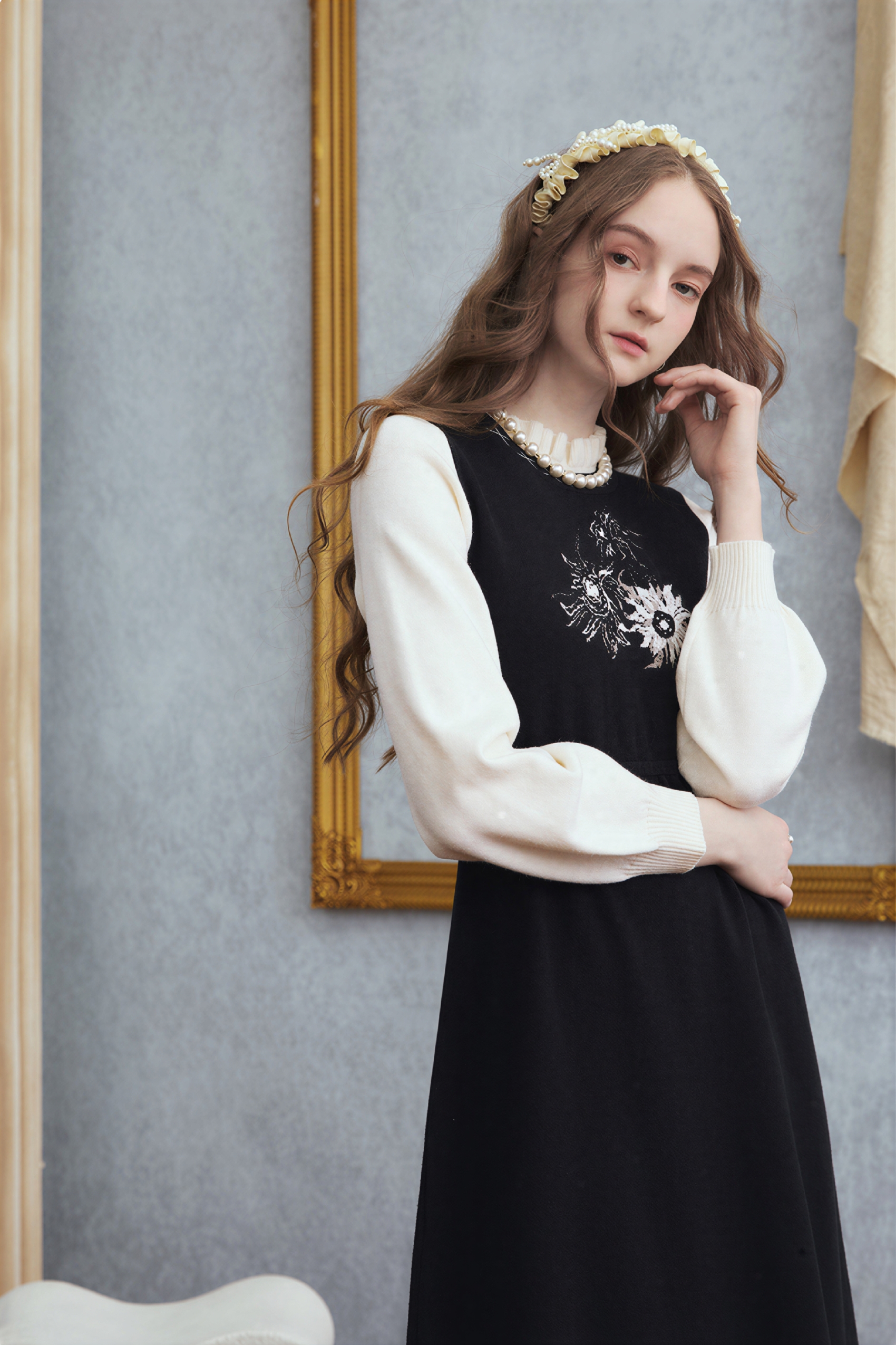 Van Gogh-Inspired Black Layered Knit Long-Sleeve Dress-LYONSENS