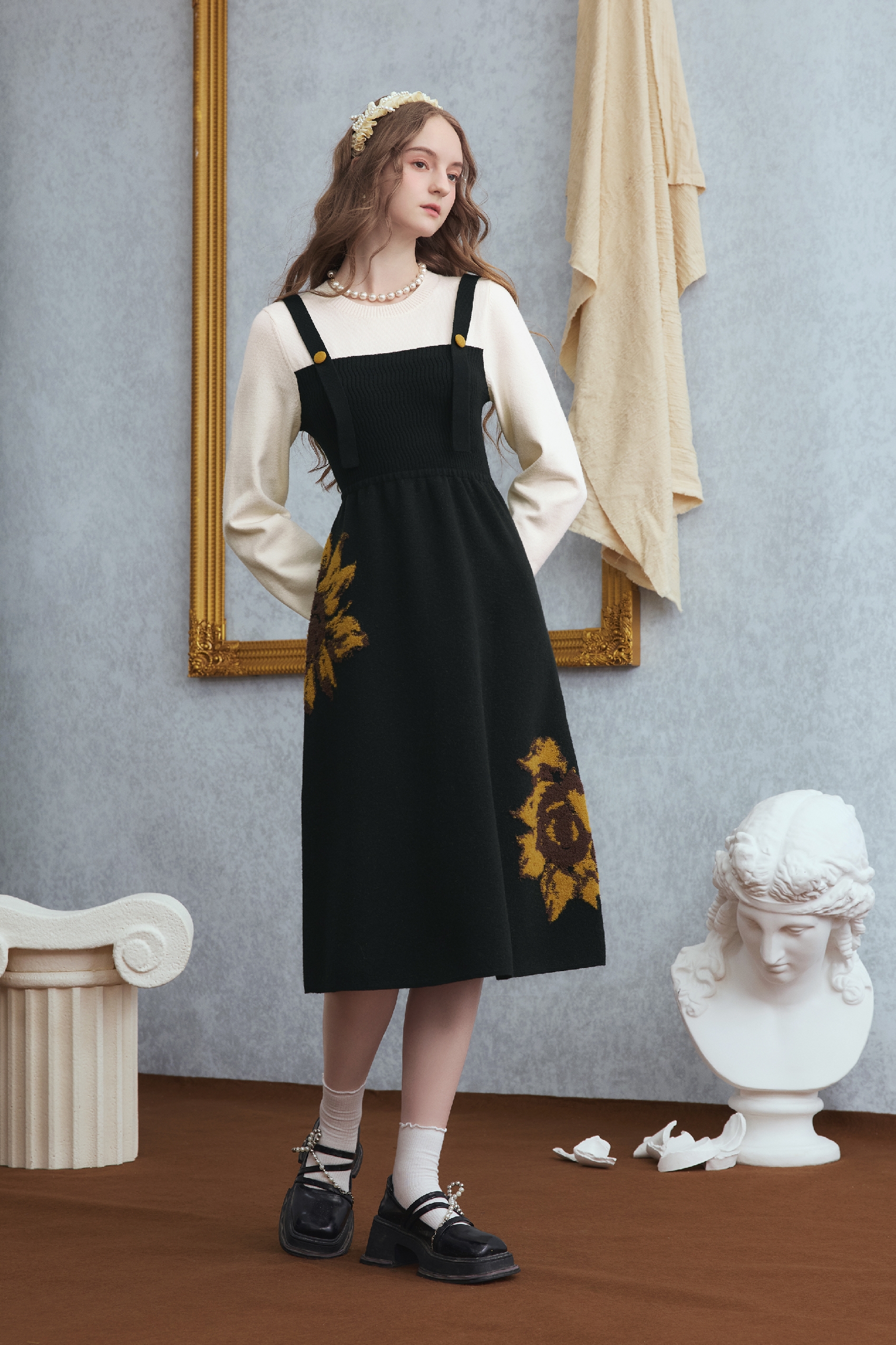 Van Gogh-Inspired Vintage Layered-Look Knit Dress