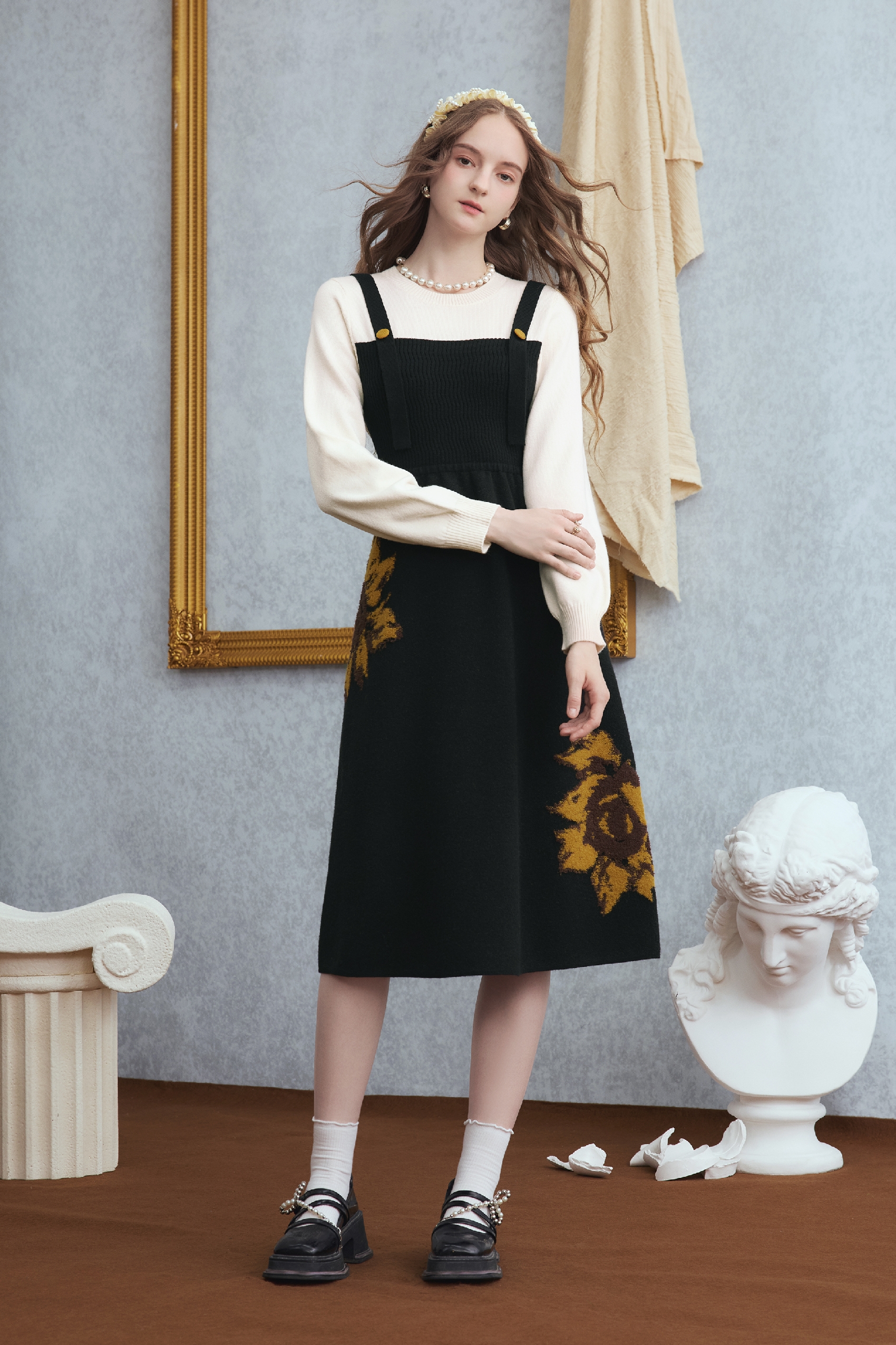 Van Gogh-Inspired Vintage Layered-Look Knit Dress