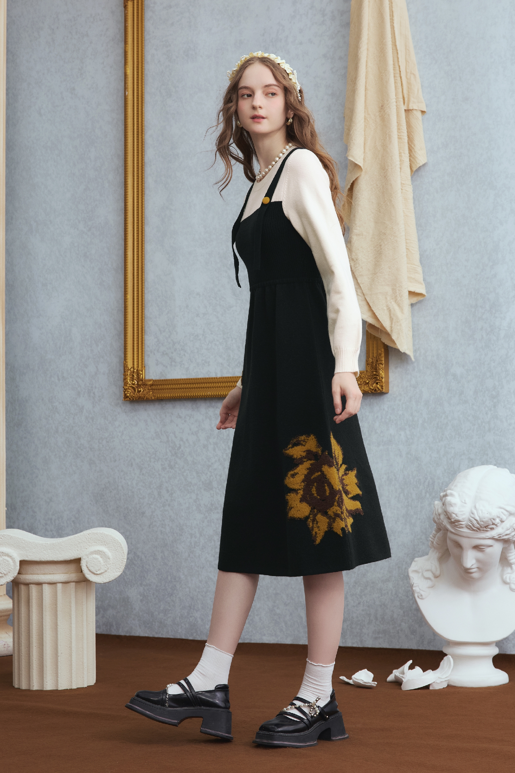 Van Gogh-Inspired Vintage Layered-Look Knit Dress