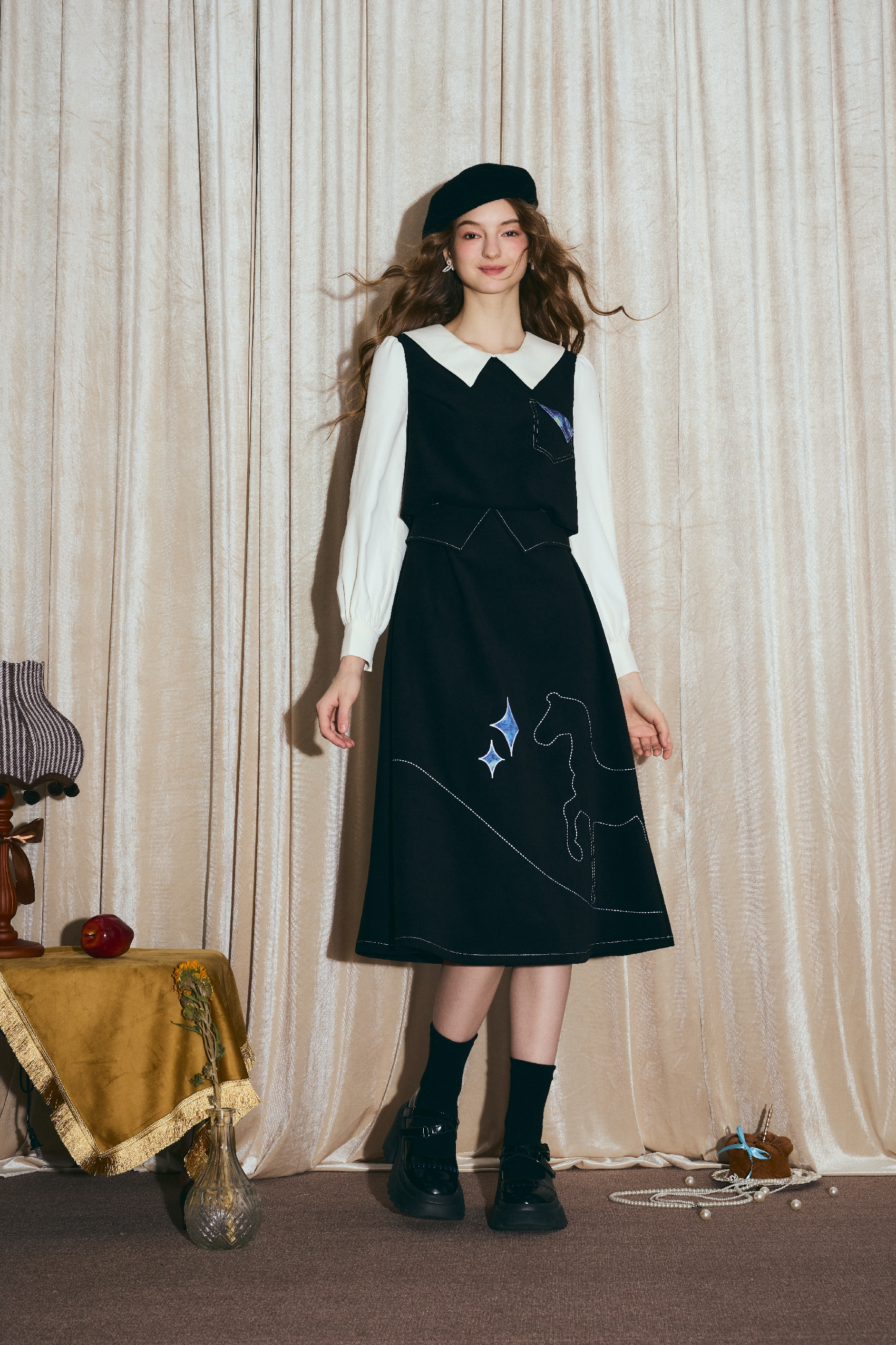 Van Gogh-Inspired Layered-Look Black Long-Sleeve Dress