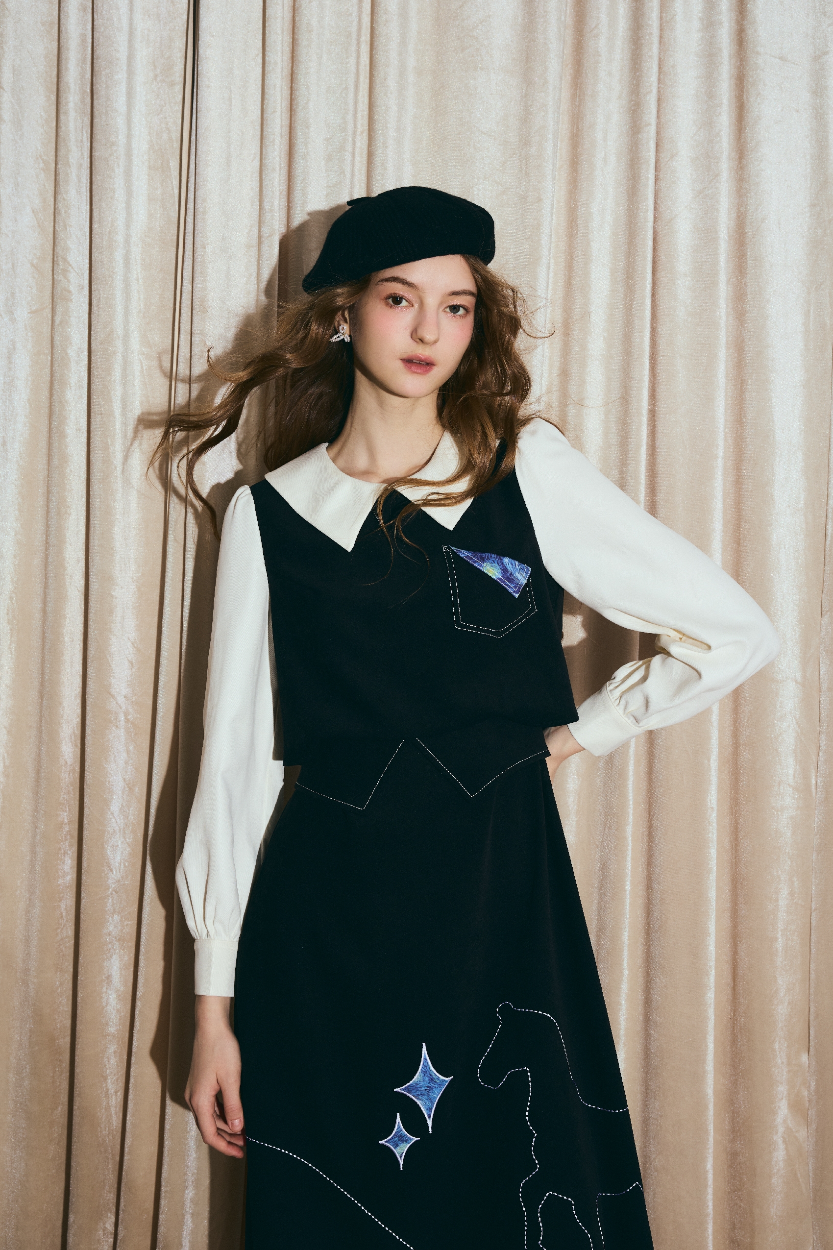 Van Gogh-Inspired Layered-Look Black Long-Sleeve Dress