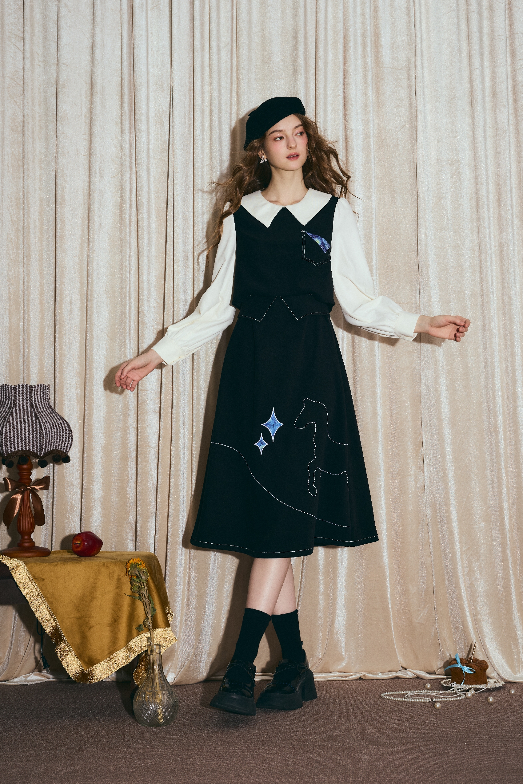 Van Gogh-Inspired Layered-Look Black Long-Sleeve Dress