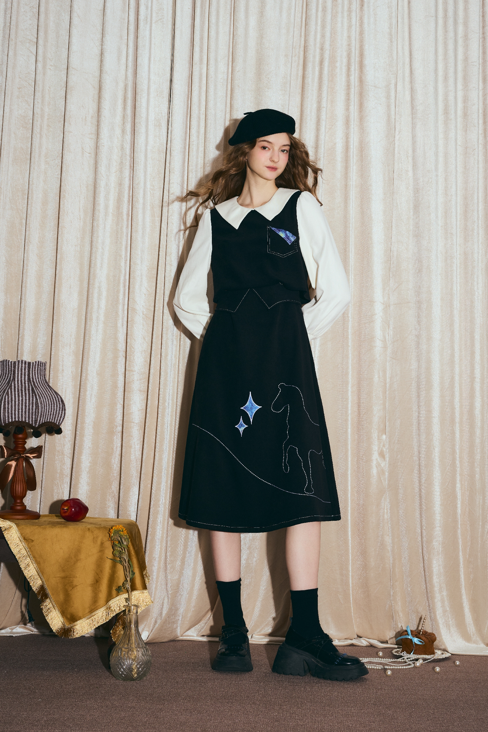 Van Gogh-Inspired Layered-Look Black Long-Sleeve Dress