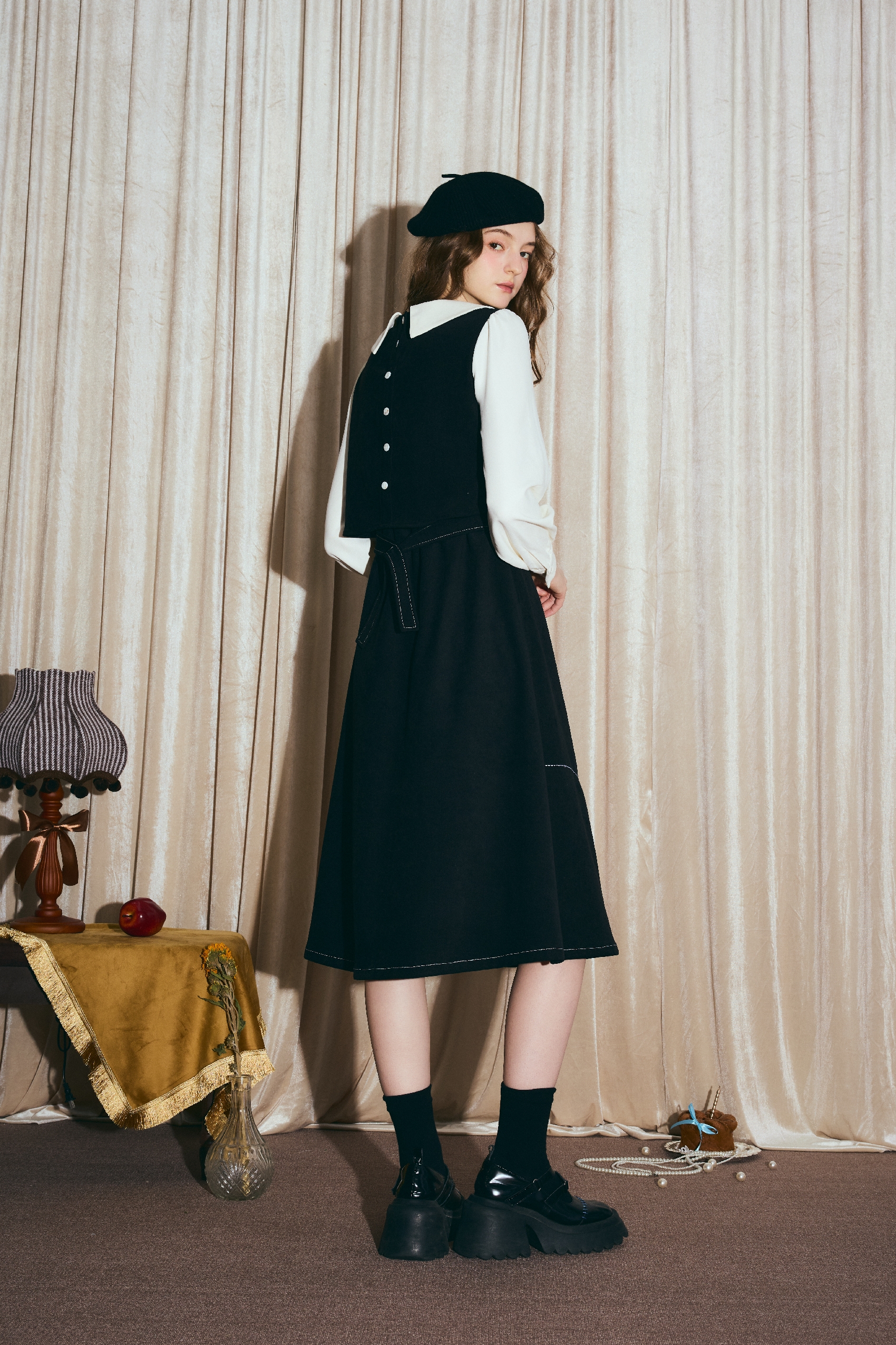 Van Gogh-Inspired Layered-Look Black Long-Sleeve Dress