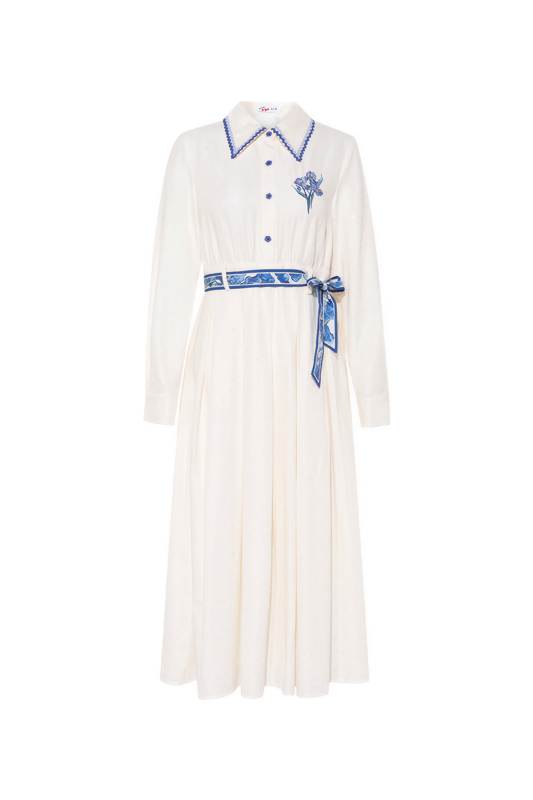 Printed Tie-Neck A-Line Long-Sleeve Dress