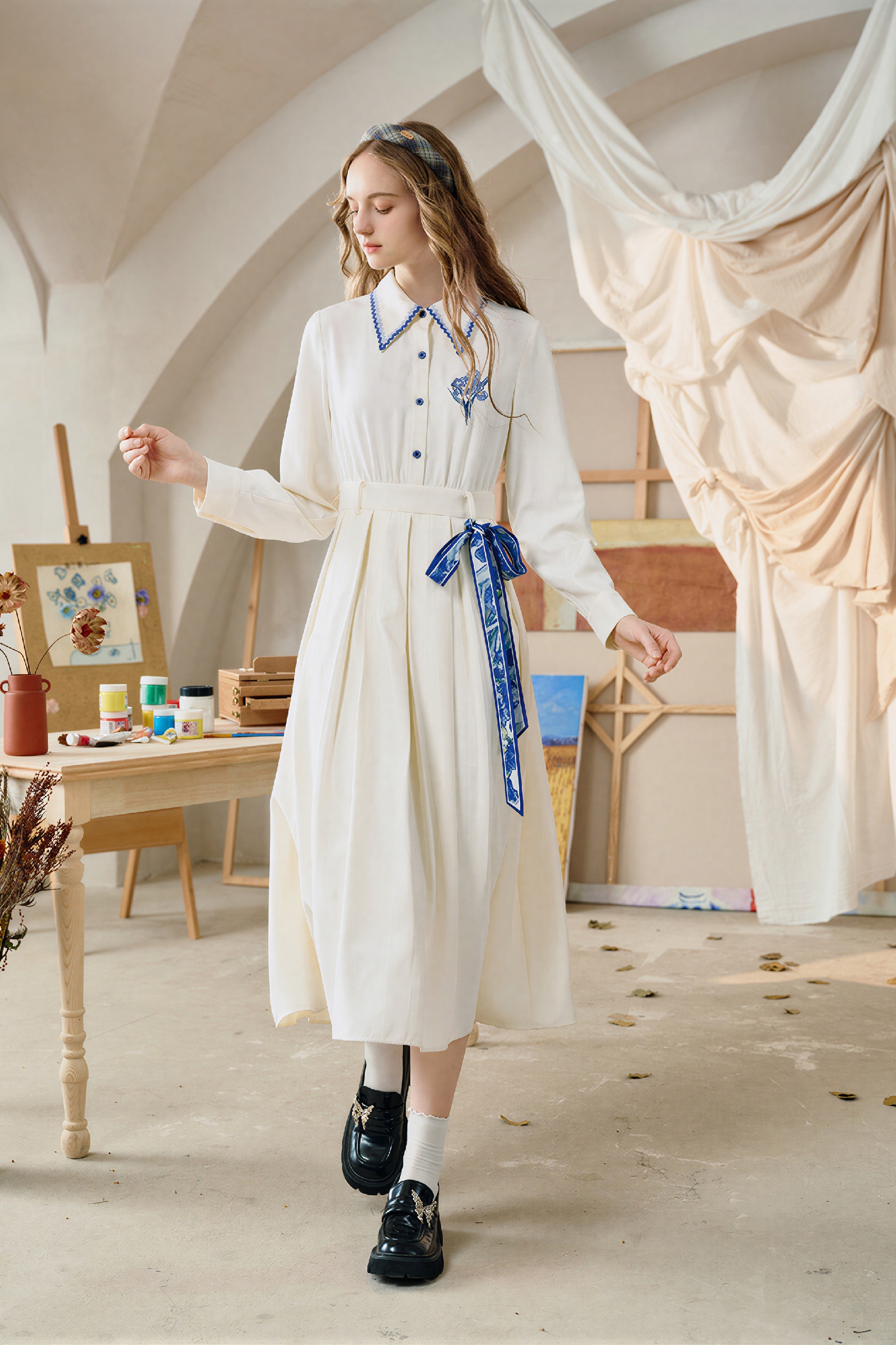 Printed Tie-Neck A-Line Long-Sleeve Dress