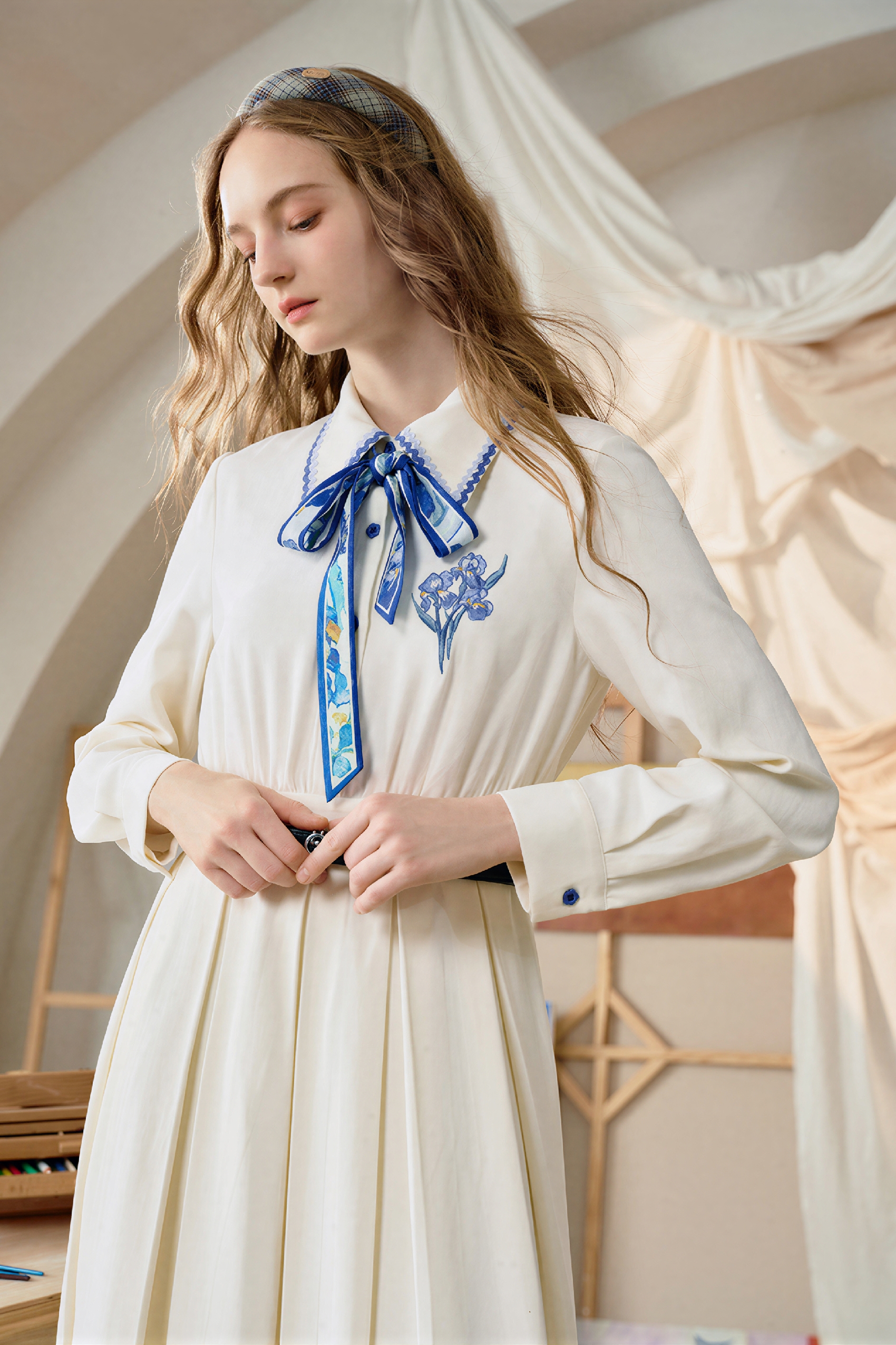 Printed Tie-Neck A-Line Long-Sleeve Dress