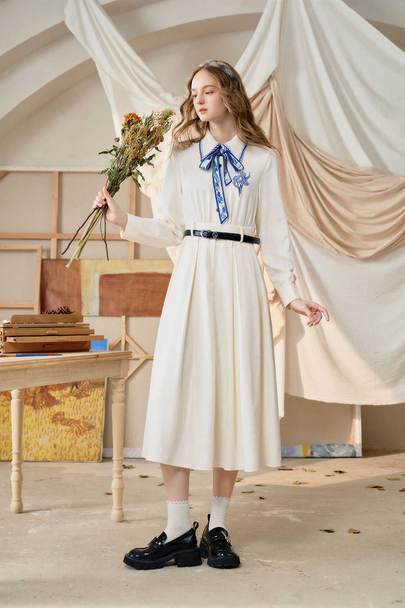Printed Tie-Neck A-Line Long-Sleeve Dress