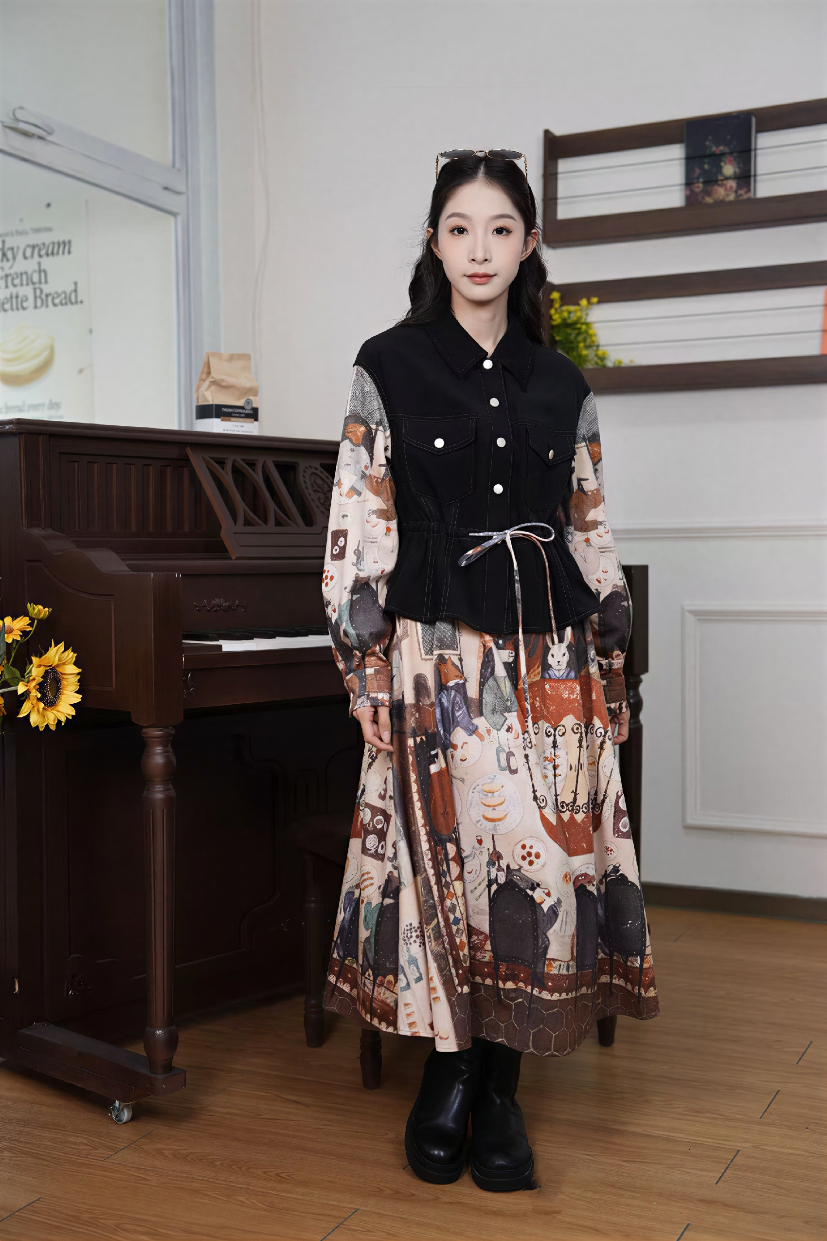 Vintage Faux Two-Piece Waist-Defined Dress