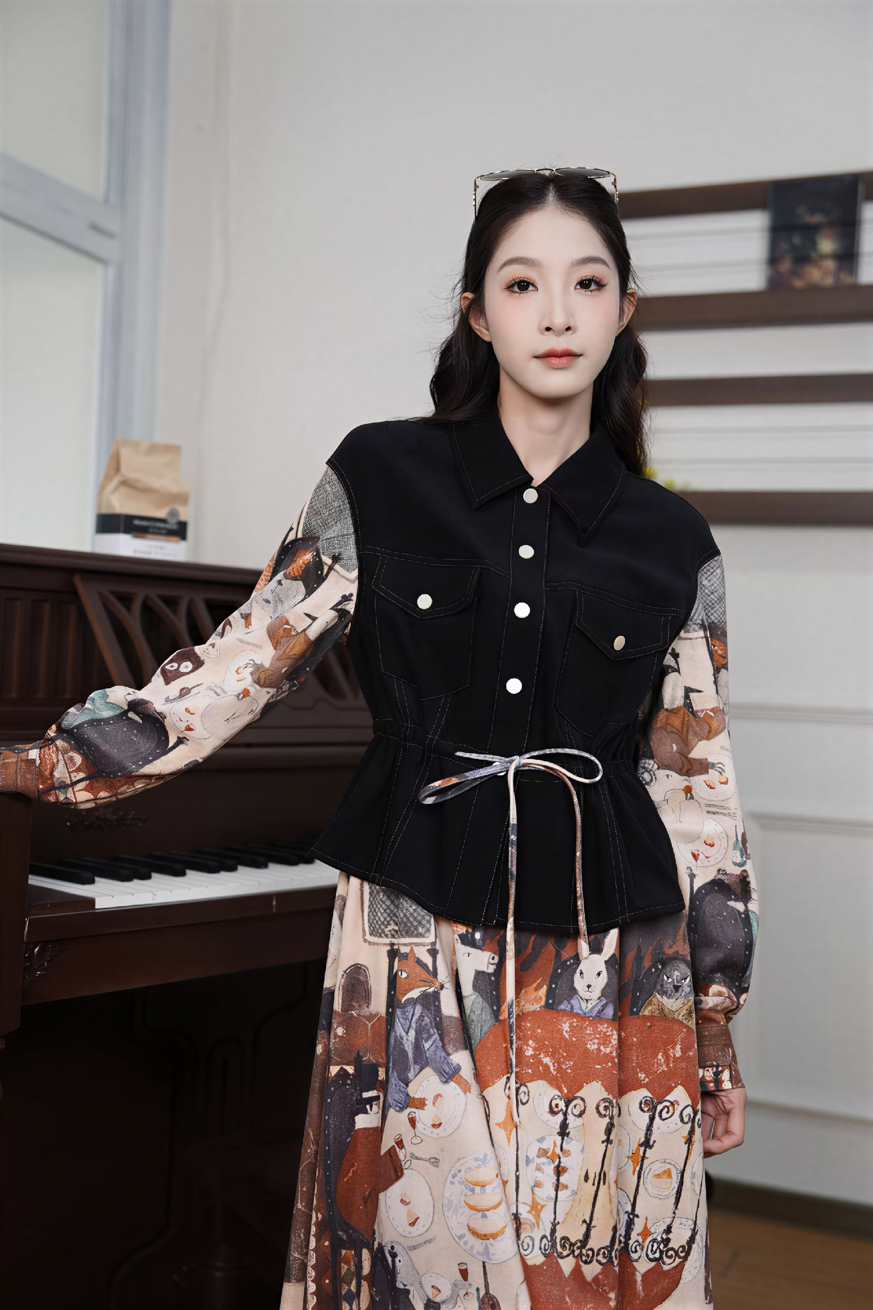 Vintage Faux Two-Piece Waist-Defined Dress