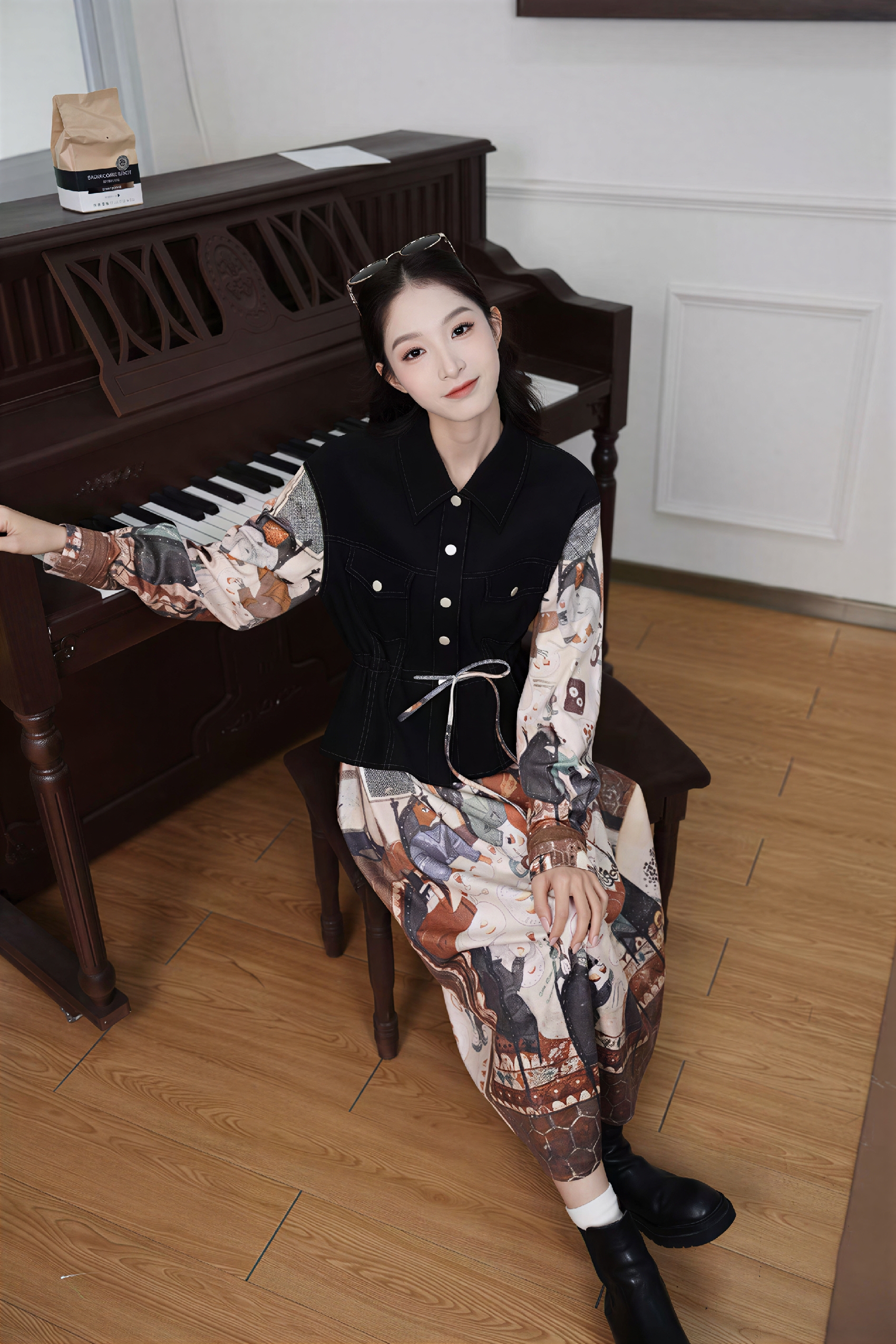 Vintage Faux Two-Piece Waist-Defined Dress