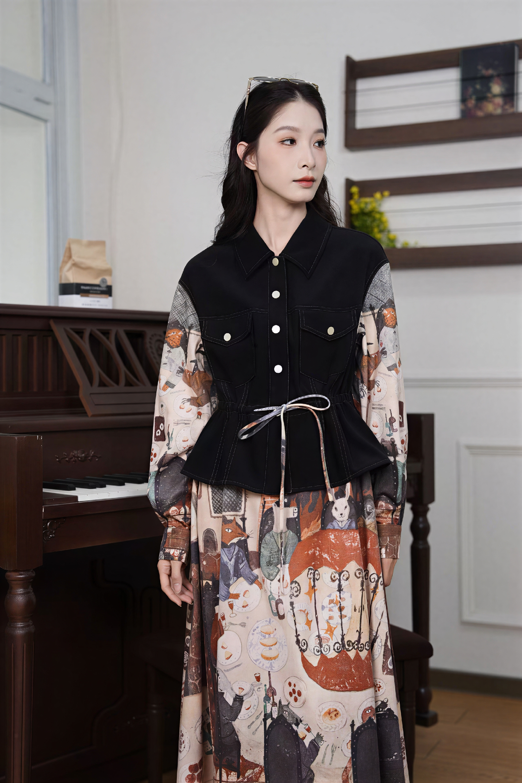 Vintage Faux Two-Piece Waist-Defined Dress