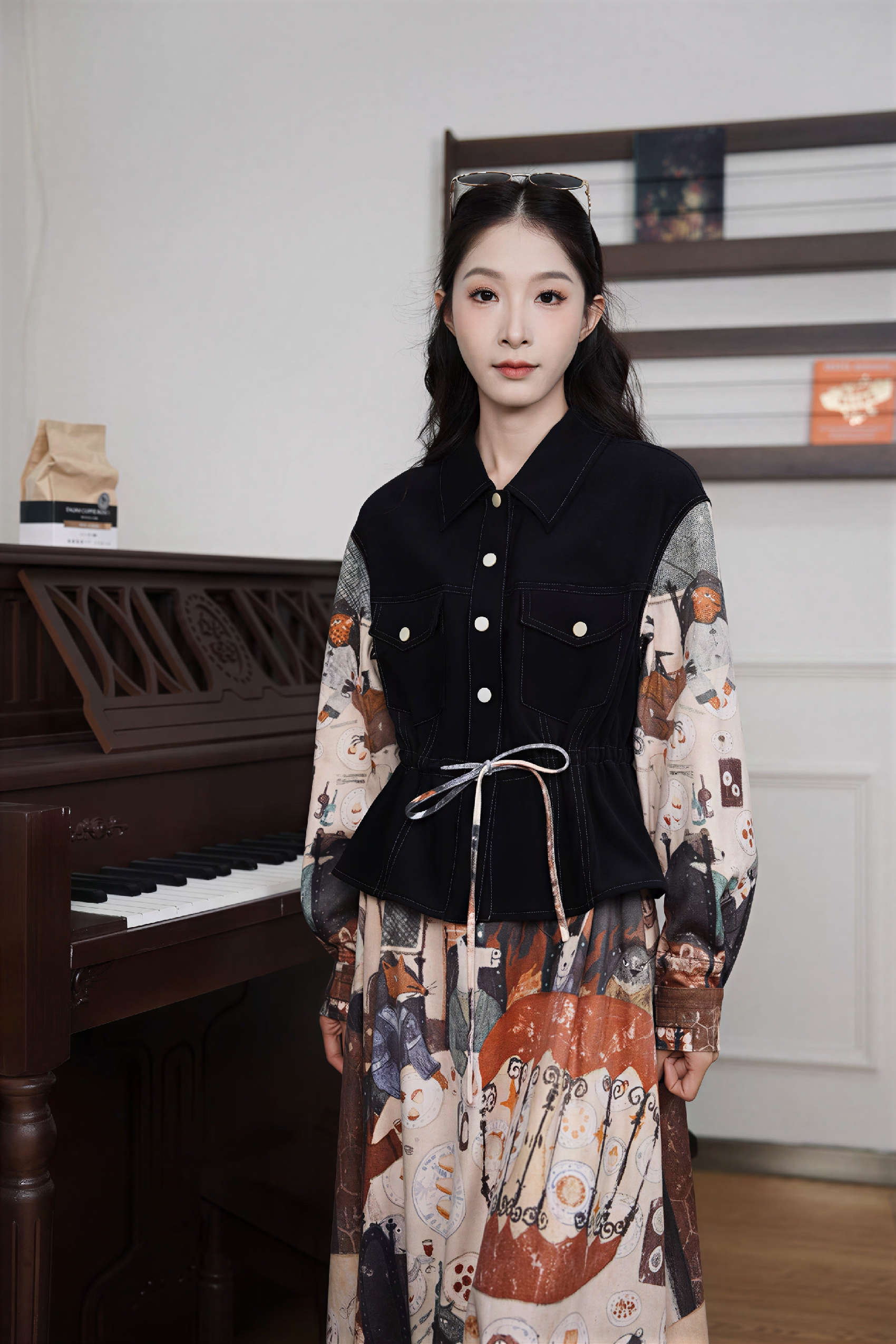 Vintage Faux Two-Piece Waist-Defined Dress