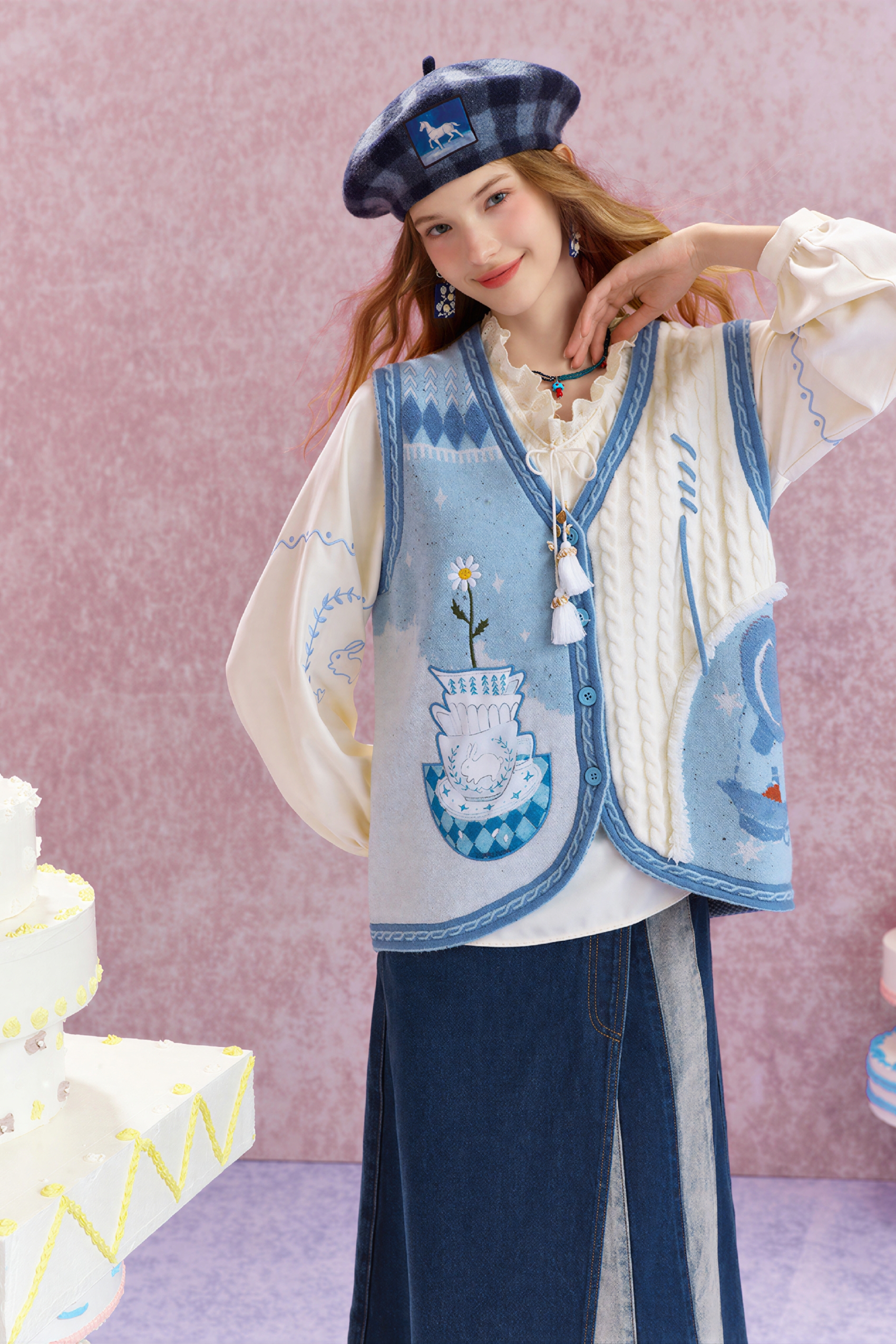 Forest-style V-neck knitted vest