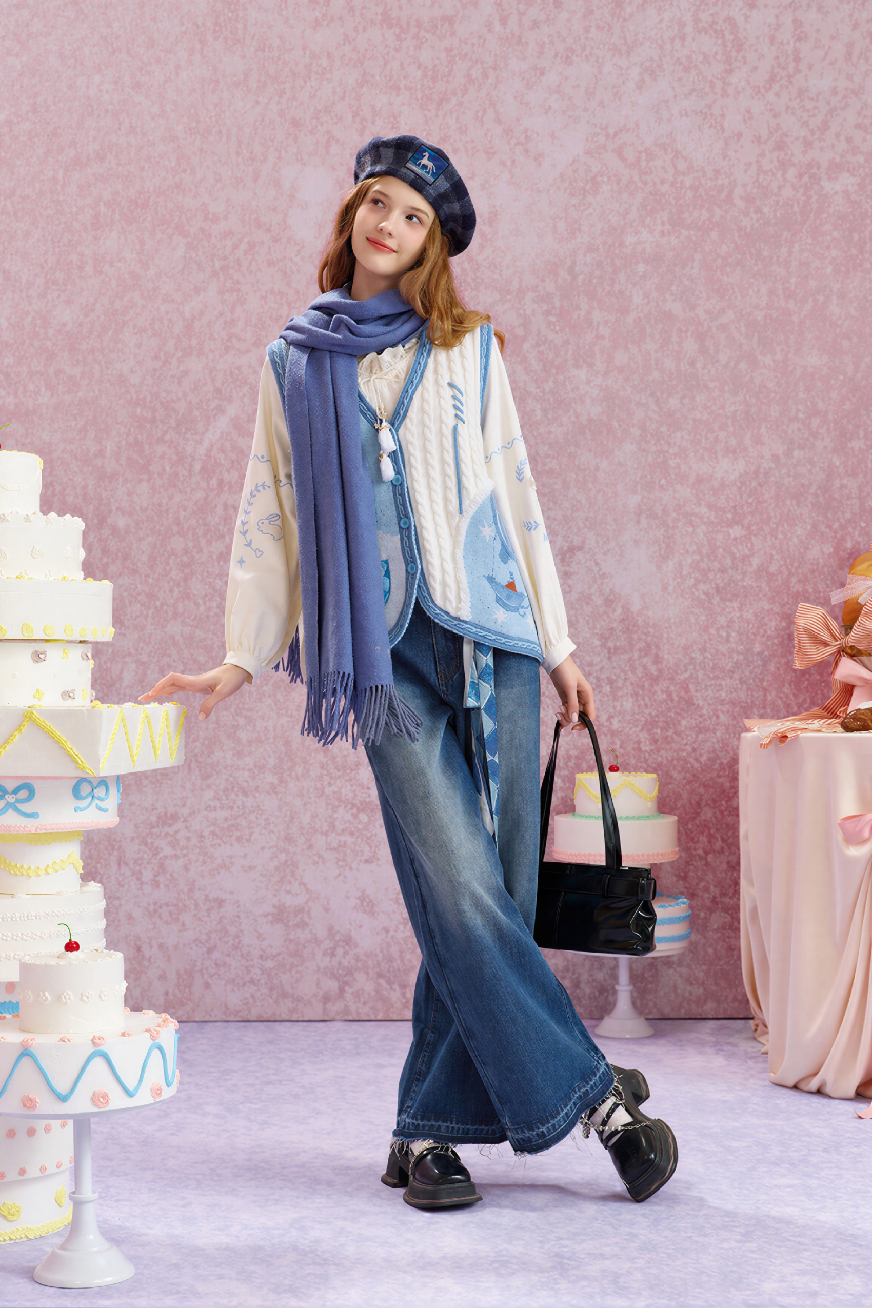 Forest-style V-neck knitted vest