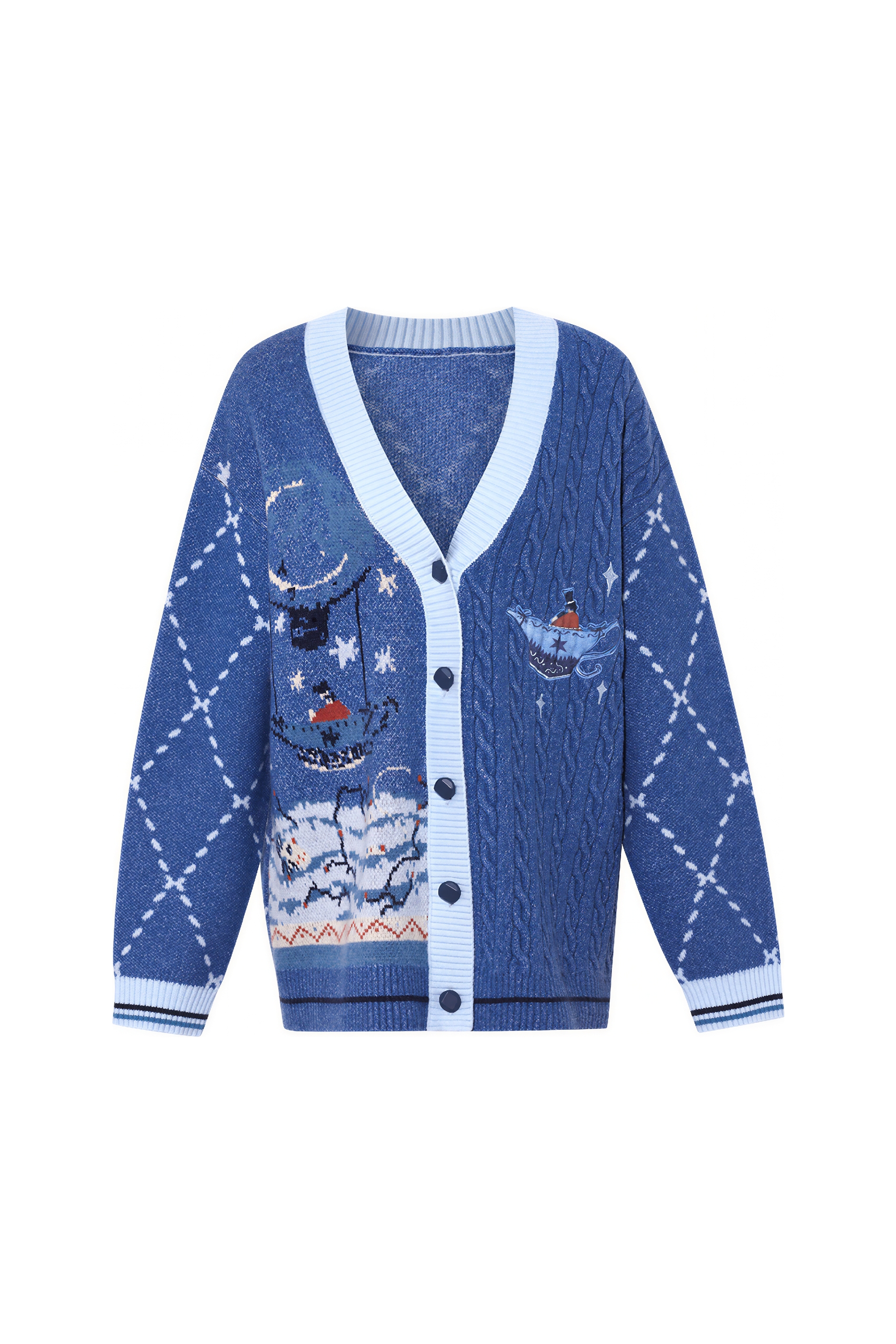 Jacquard blue V-neck knitted cardigan