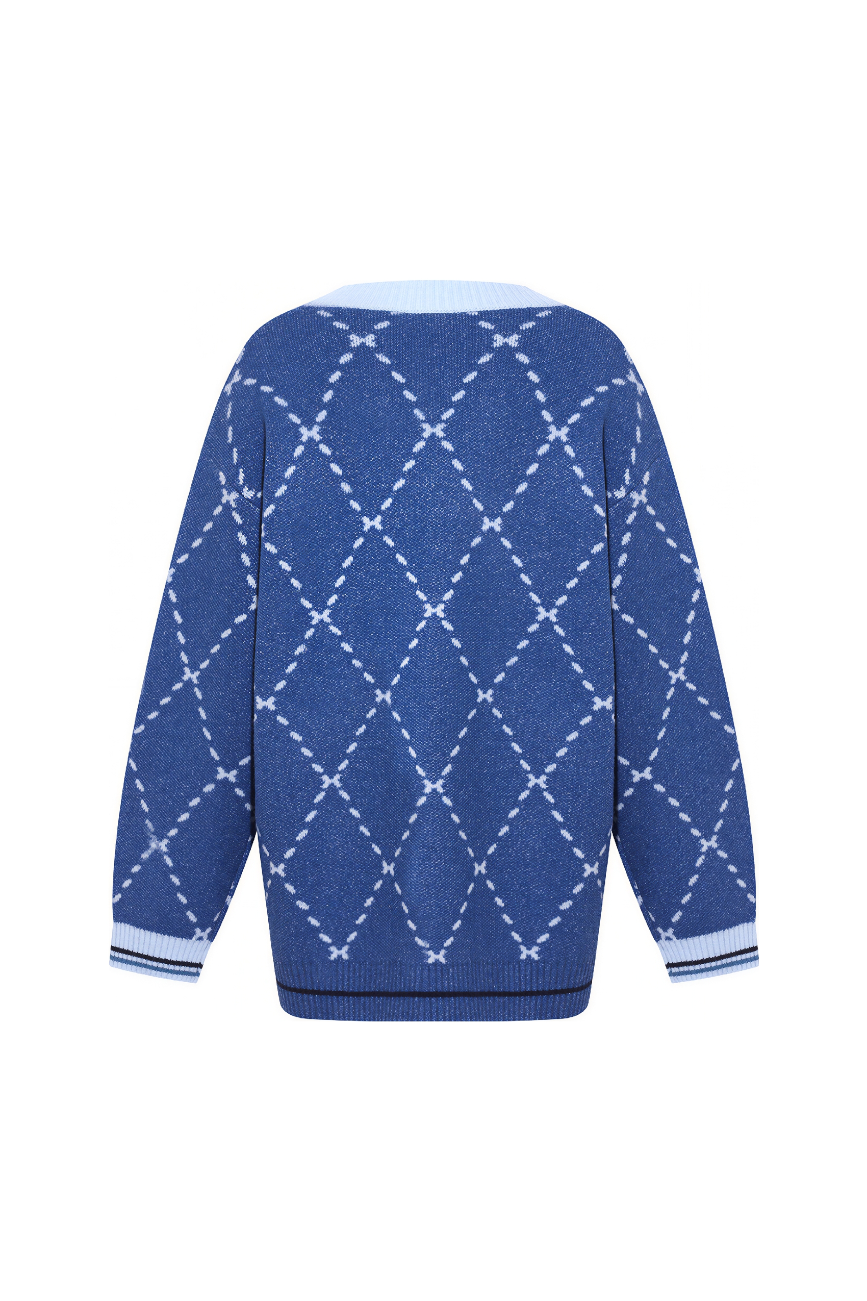Jacquard blue V-neck knitted cardigan