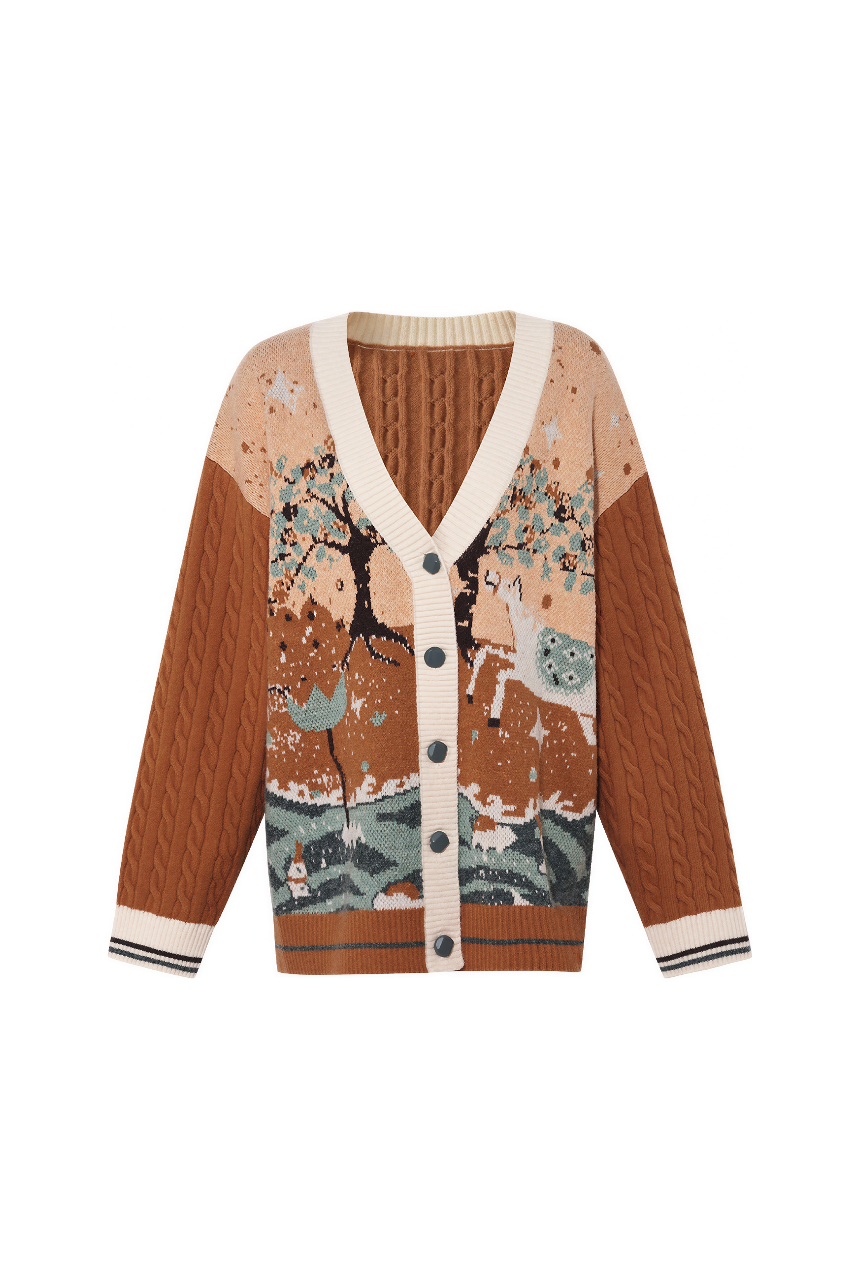 Jacquard blue V-neck knitted cardigan