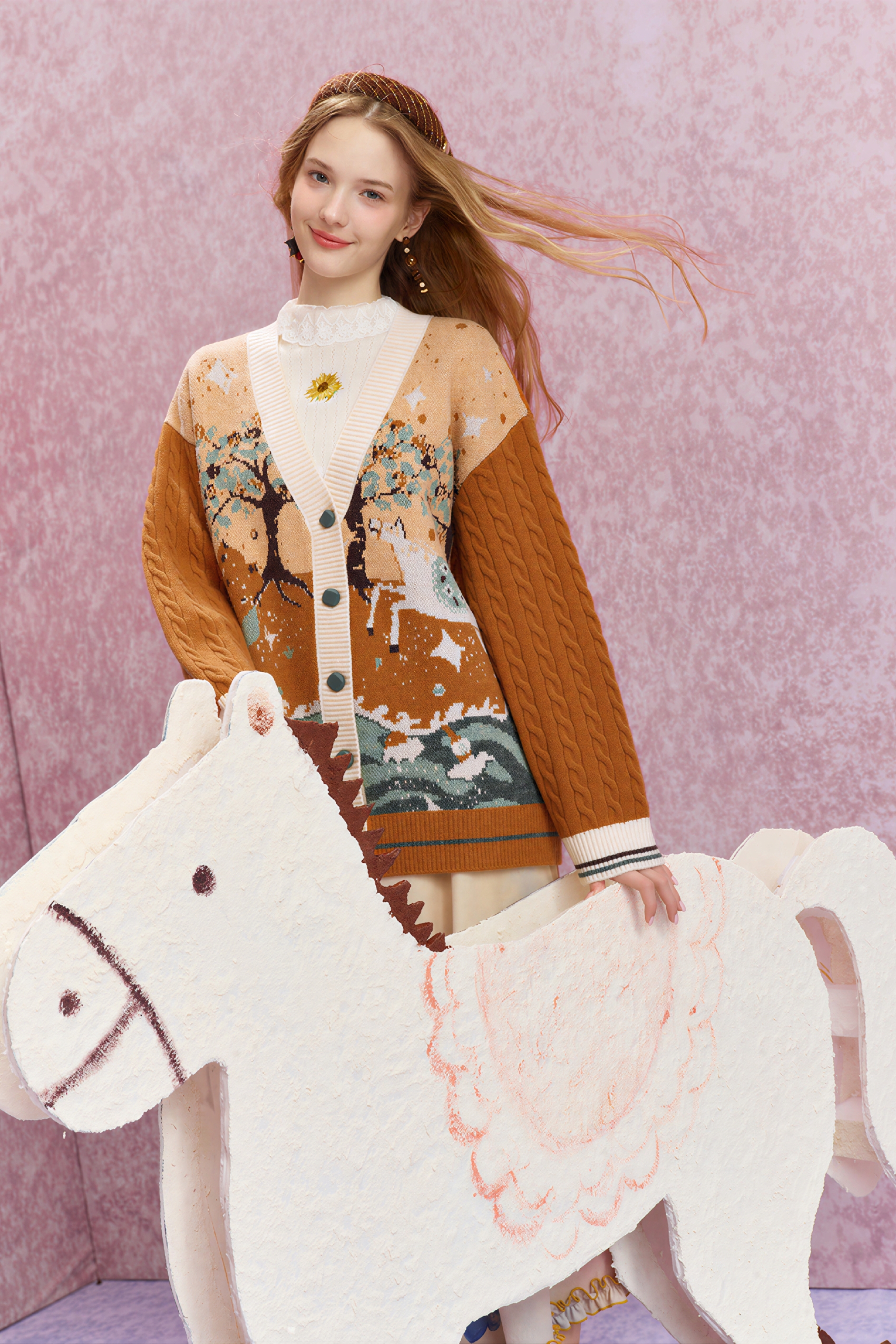 Jacquard blue V-neck knitted cardigan