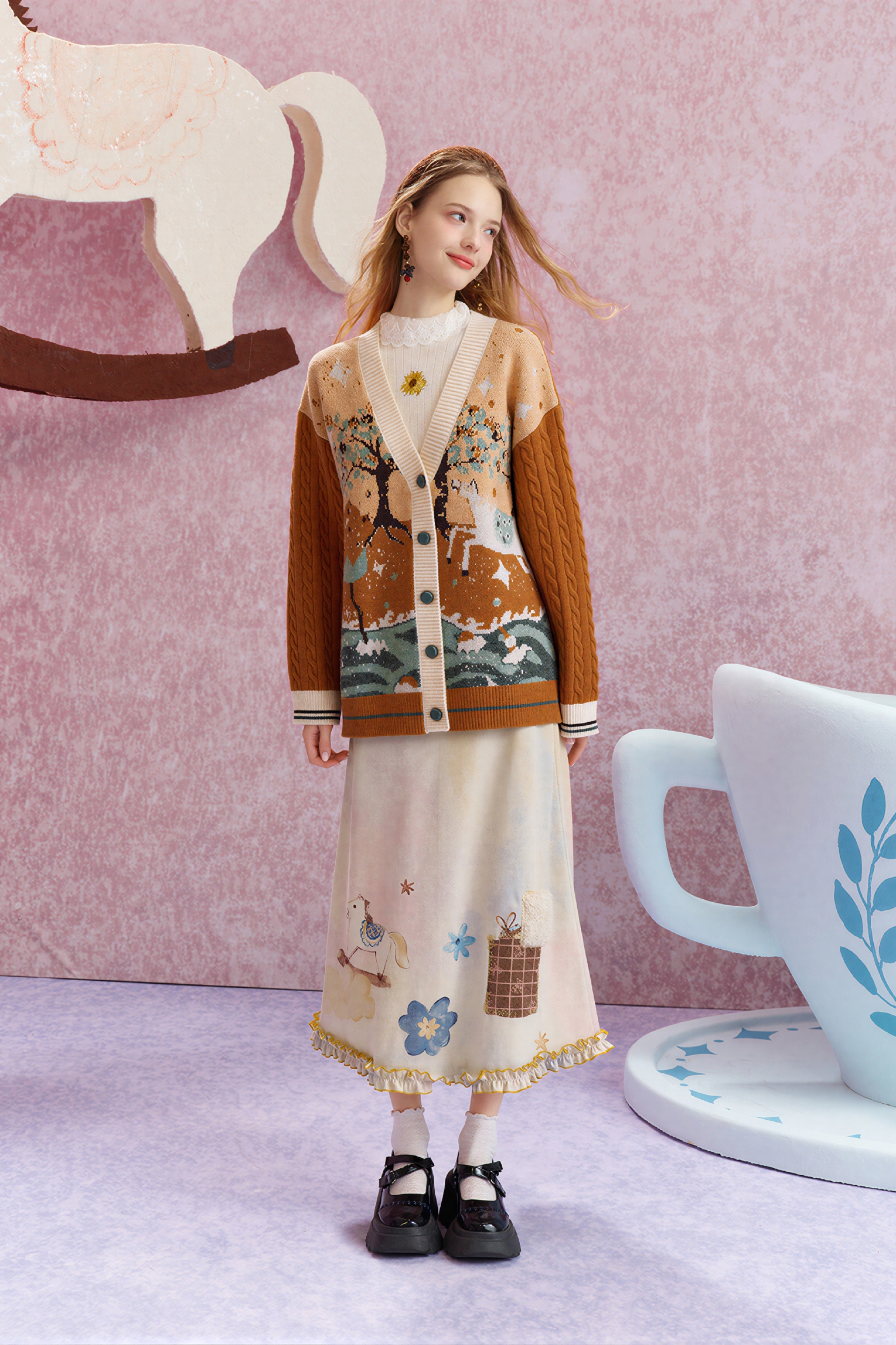 Jacquard blue V-neck knitted cardigan