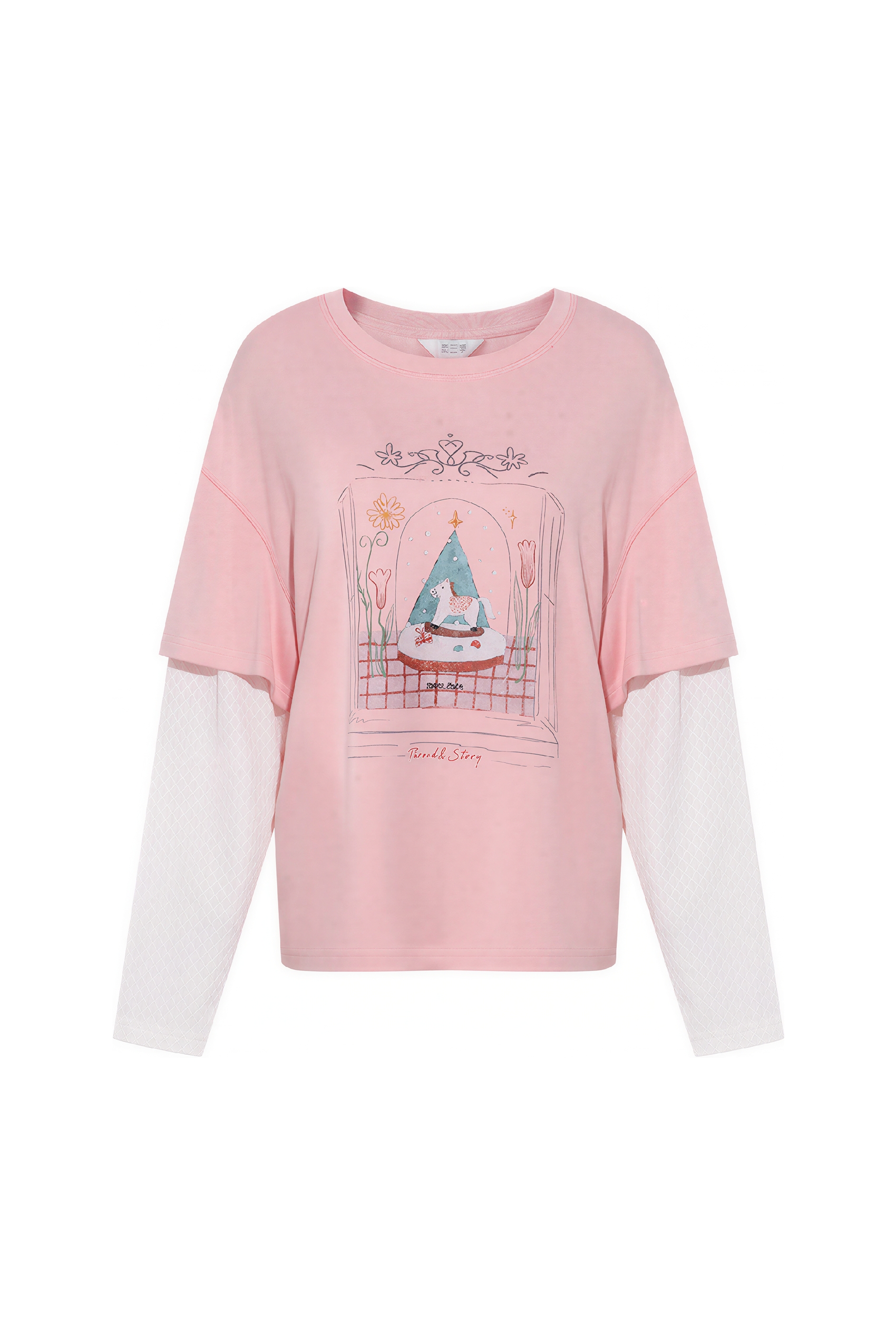 ヴィンテージプリントのフェイクレイヤードTシャツ