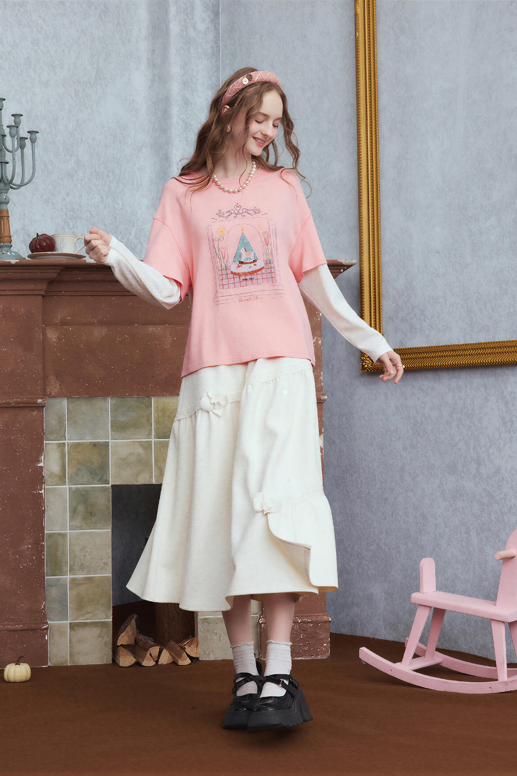 ヴィンテージプリントのフェイクレイヤードTシャツ