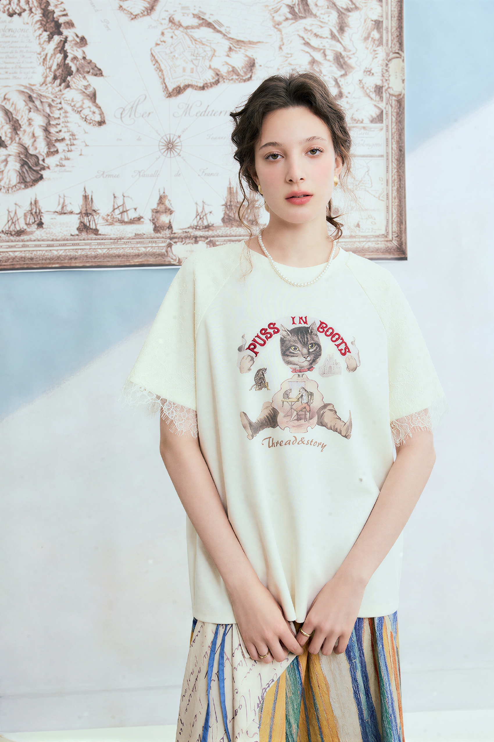 Lace Patchwork Printed Relaxed T-Shirt