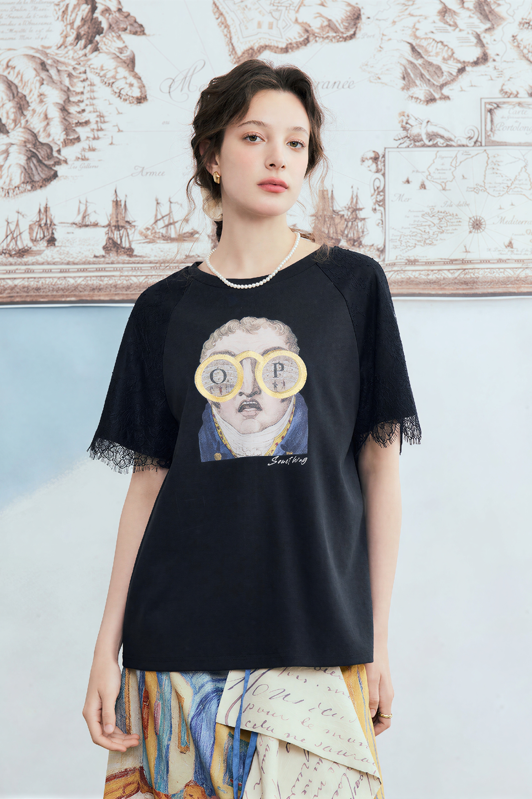 Lace Patchwork Printed Relaxed T-Shirt