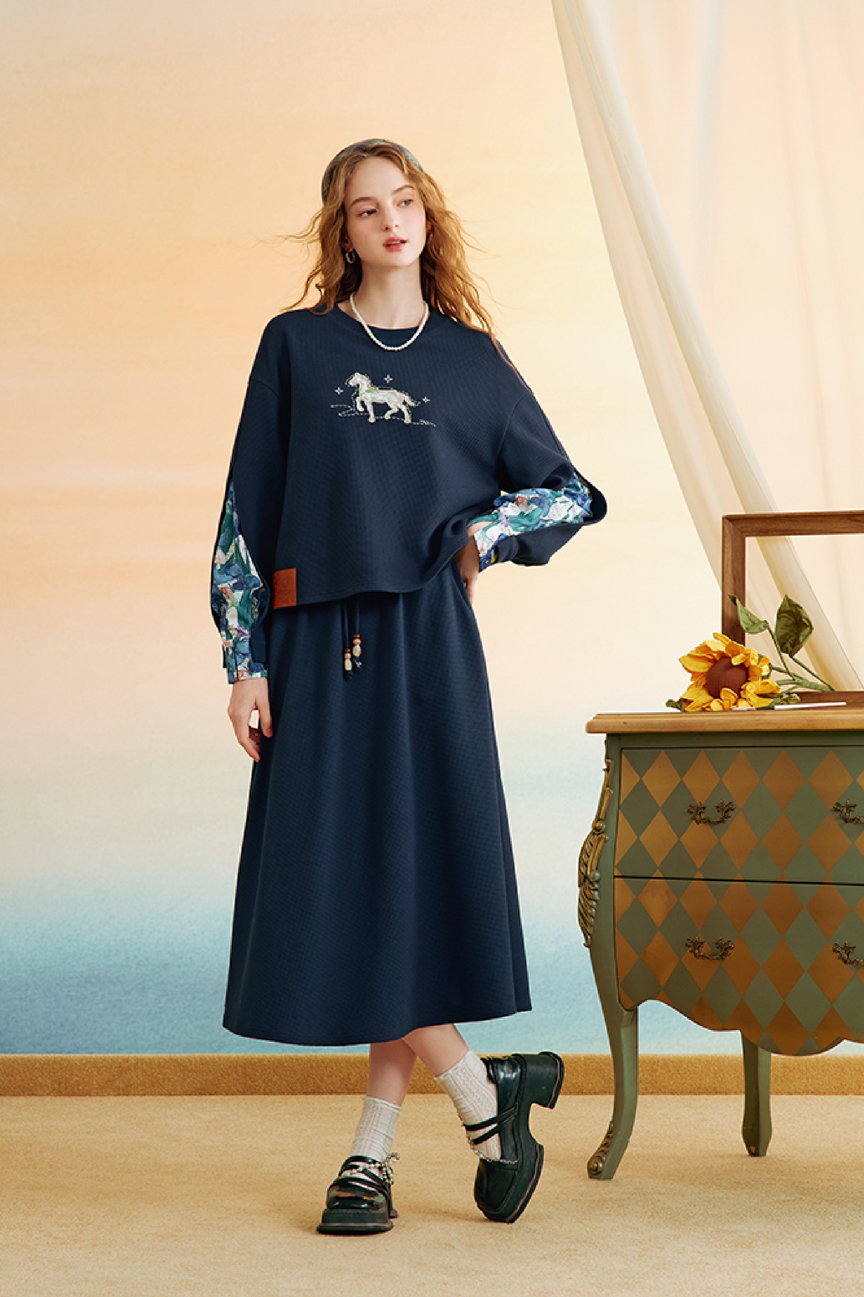 Van Gogh-Inspired Patchwork Sweatshirt Skirt Set