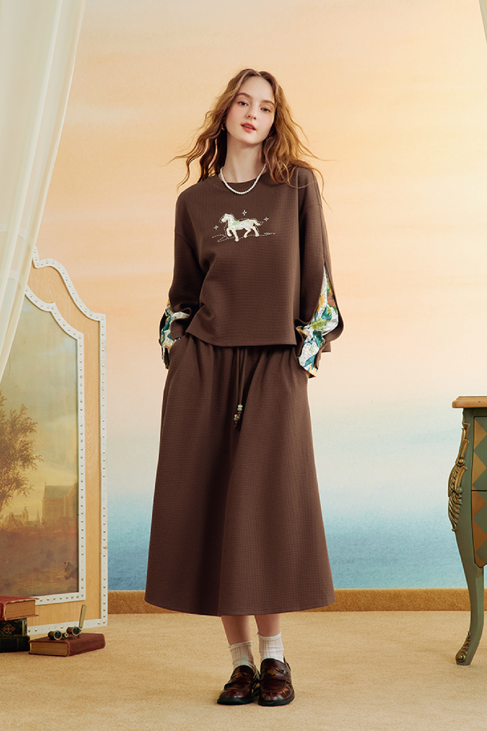 Van Gogh-Inspired Patchwork Sweatshirt Skirt Set