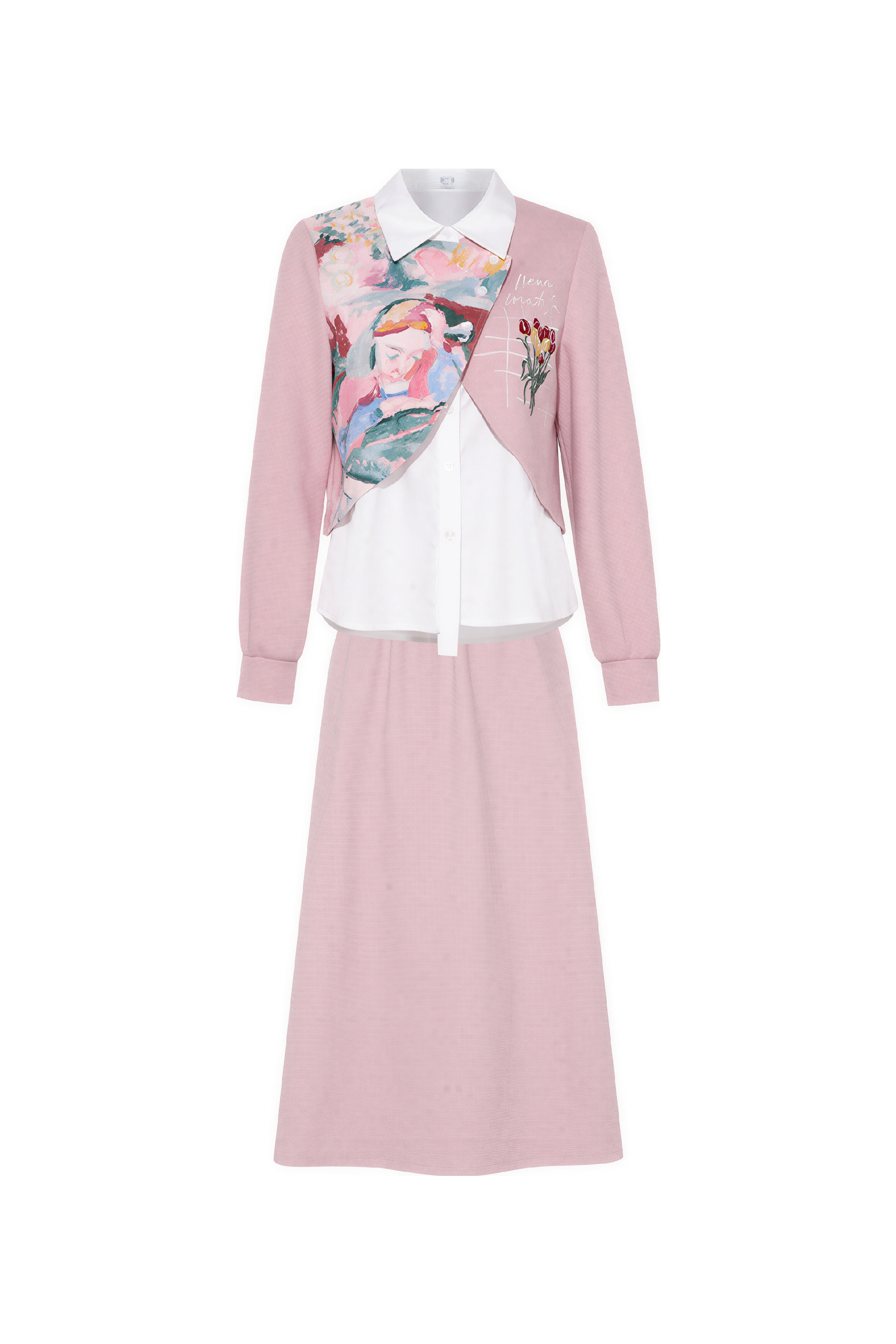 Faux Layered Shirt & Skirt Casual Set