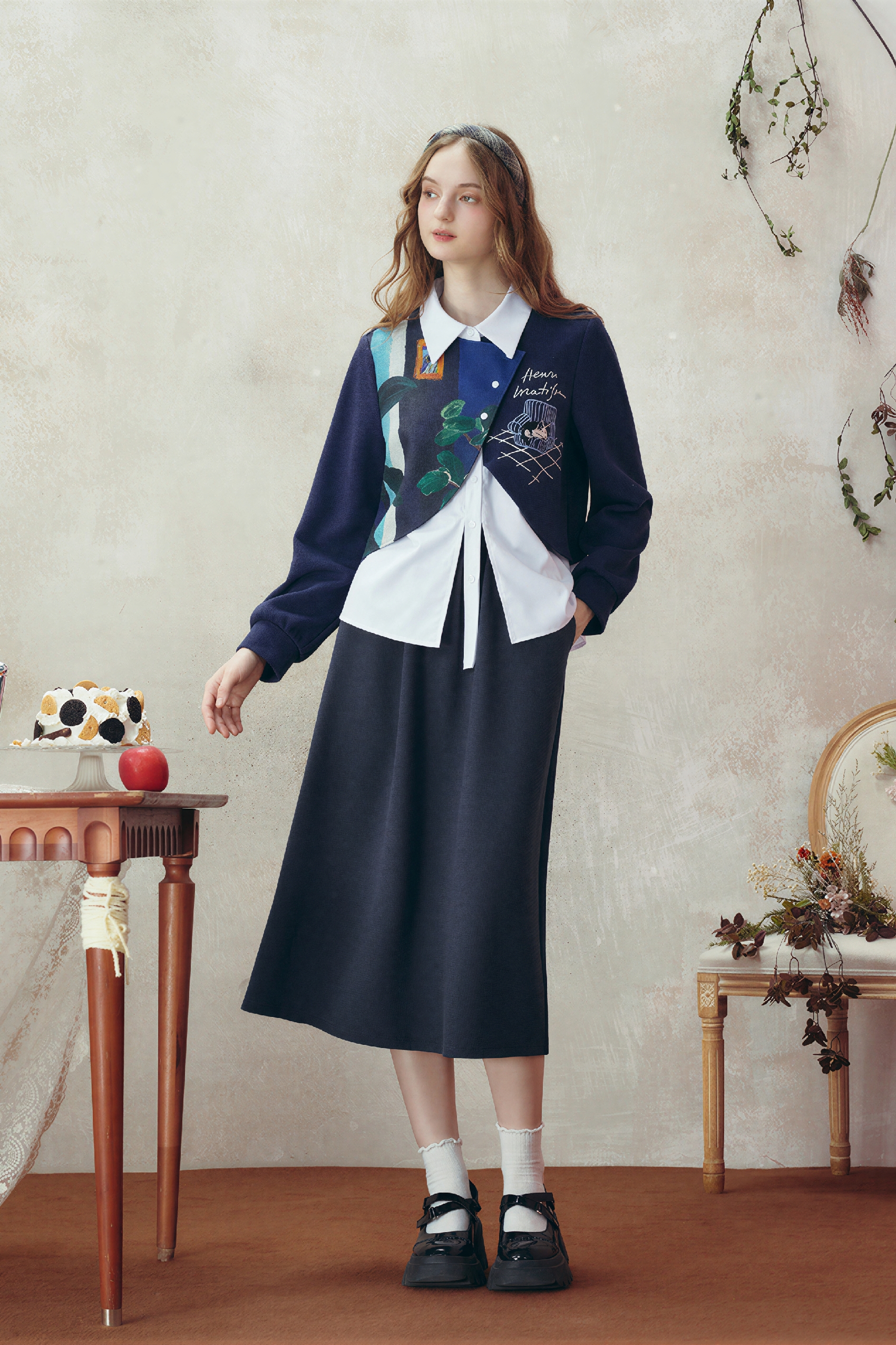 Faux Layered Shirt & Skirt Casual Set