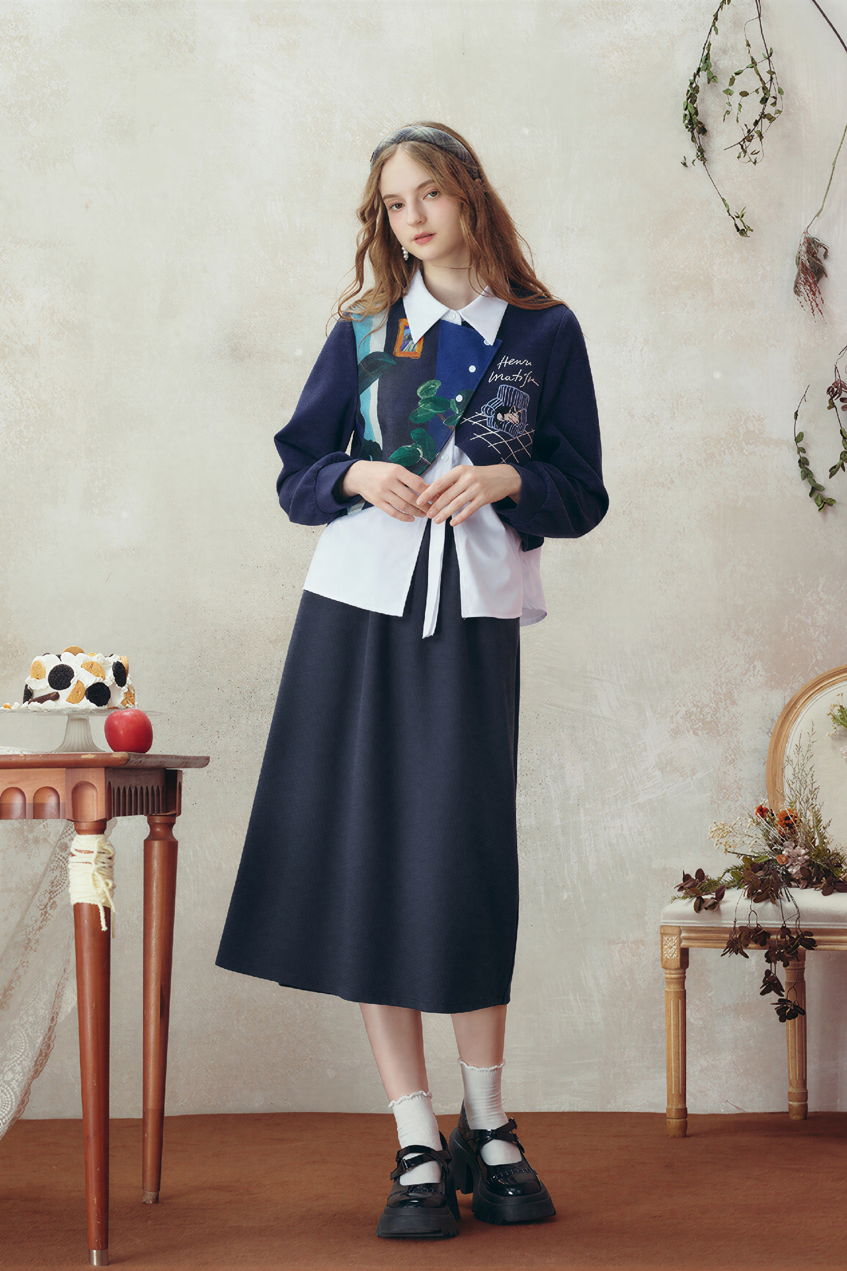 Faux Layered Shirt & Skirt Casual Set