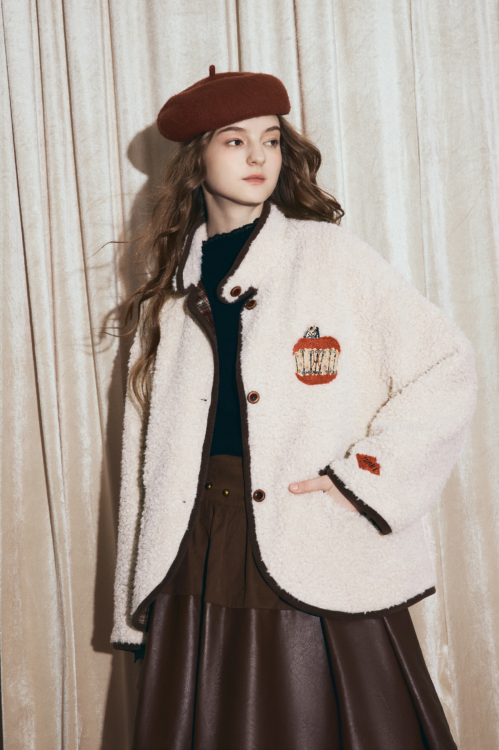 White embroidered lambskin coat