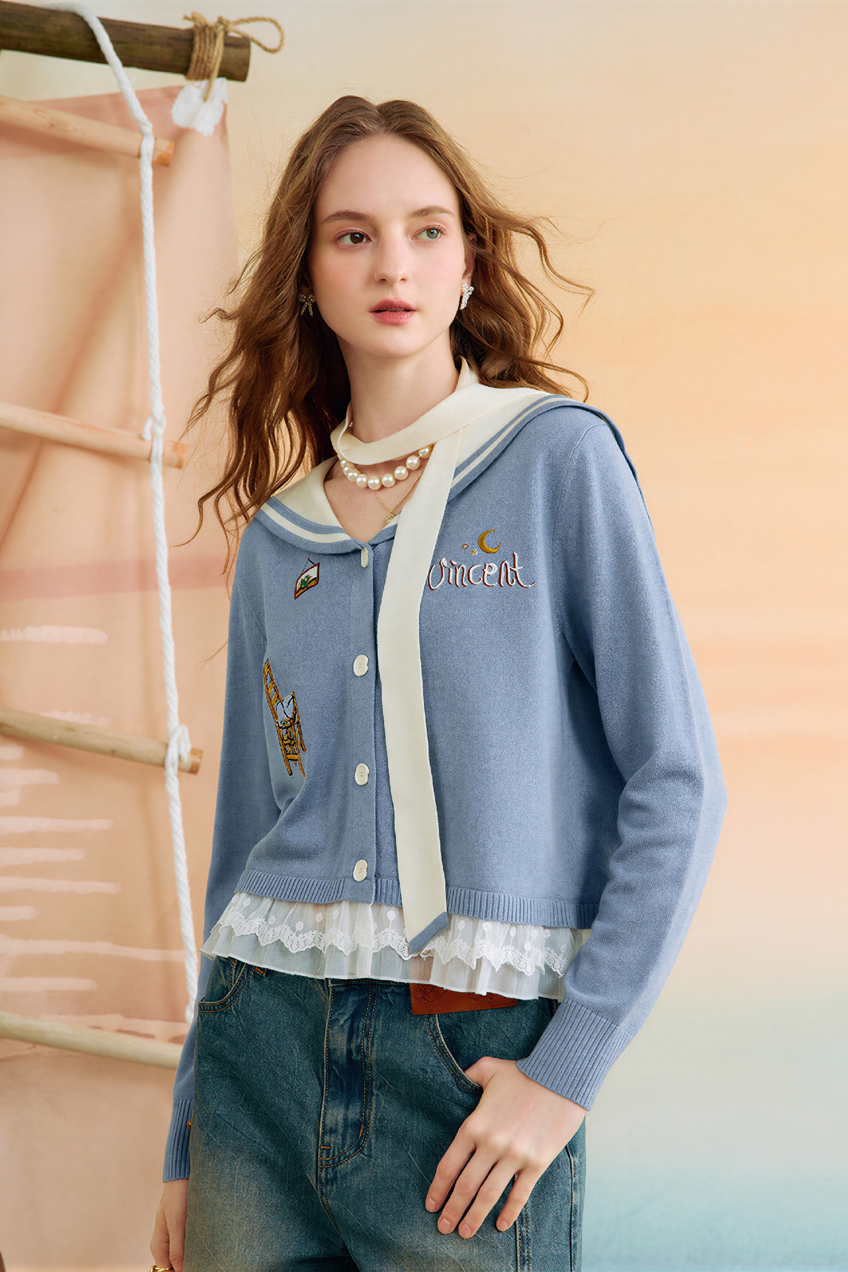Sailor Collar Relaxed Cropped Knit Cardigan