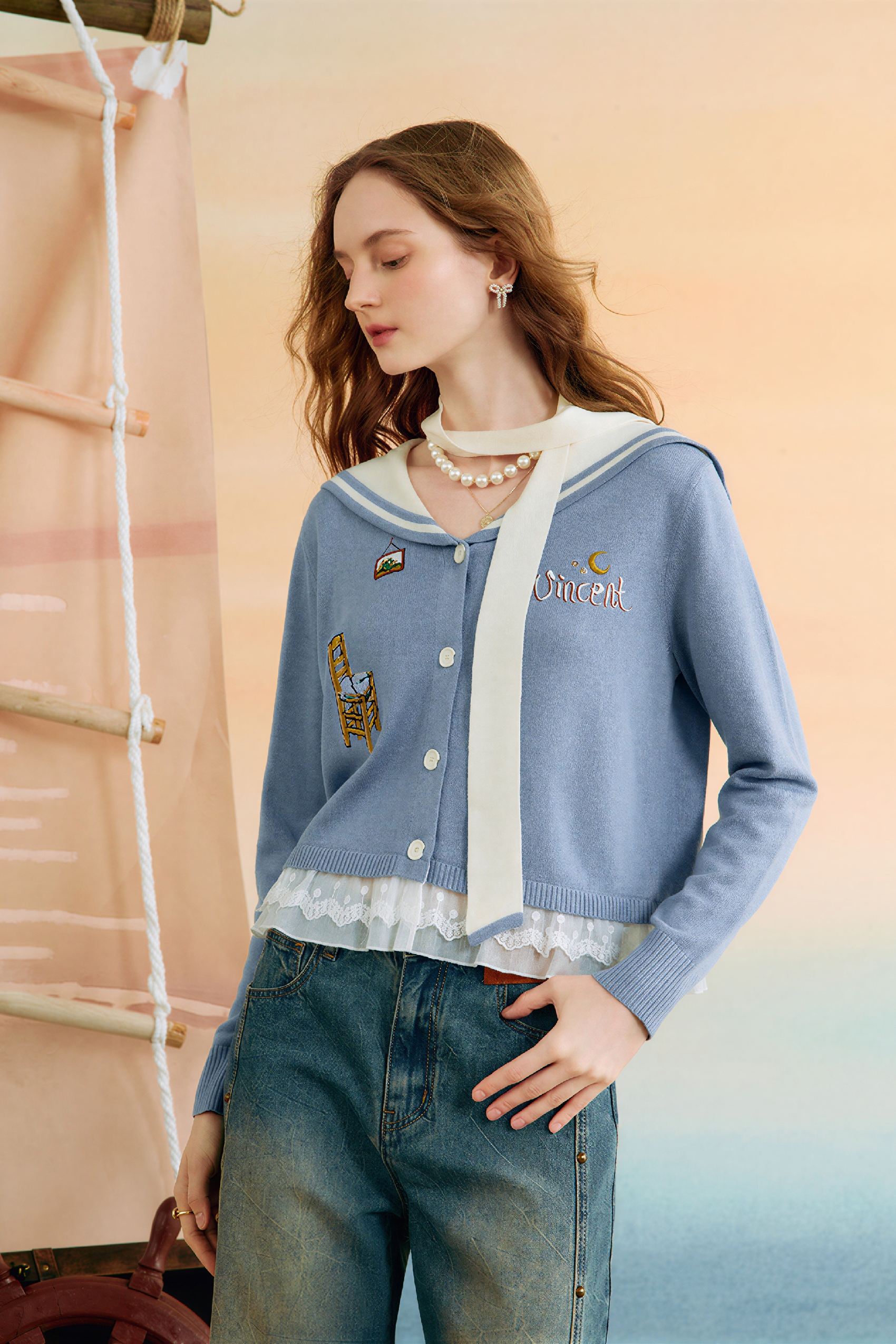 Sailor Collar Relaxed Cropped Knit Cardigan