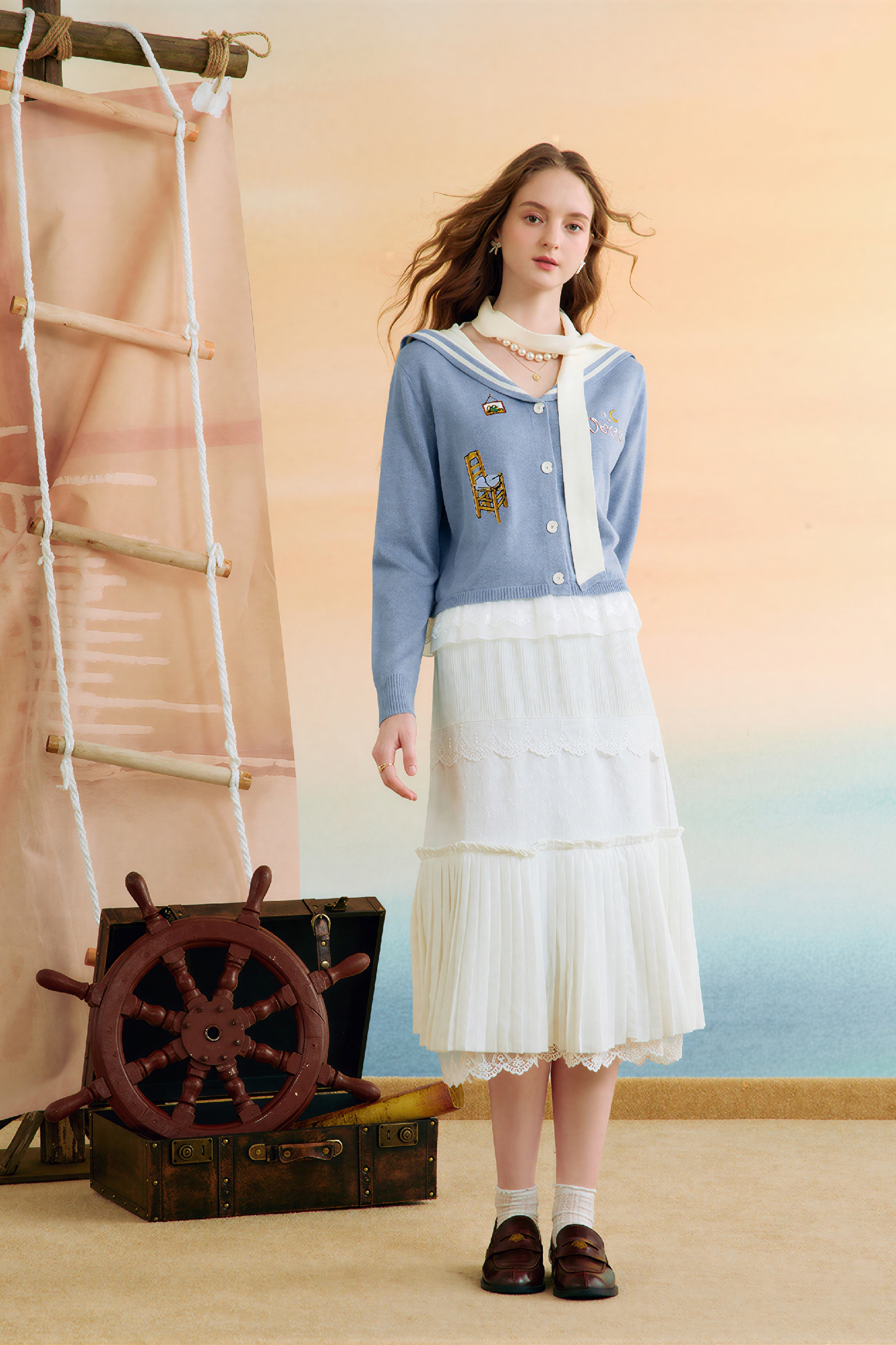 Sailor Collar Relaxed Cropped Knit Cardigan
