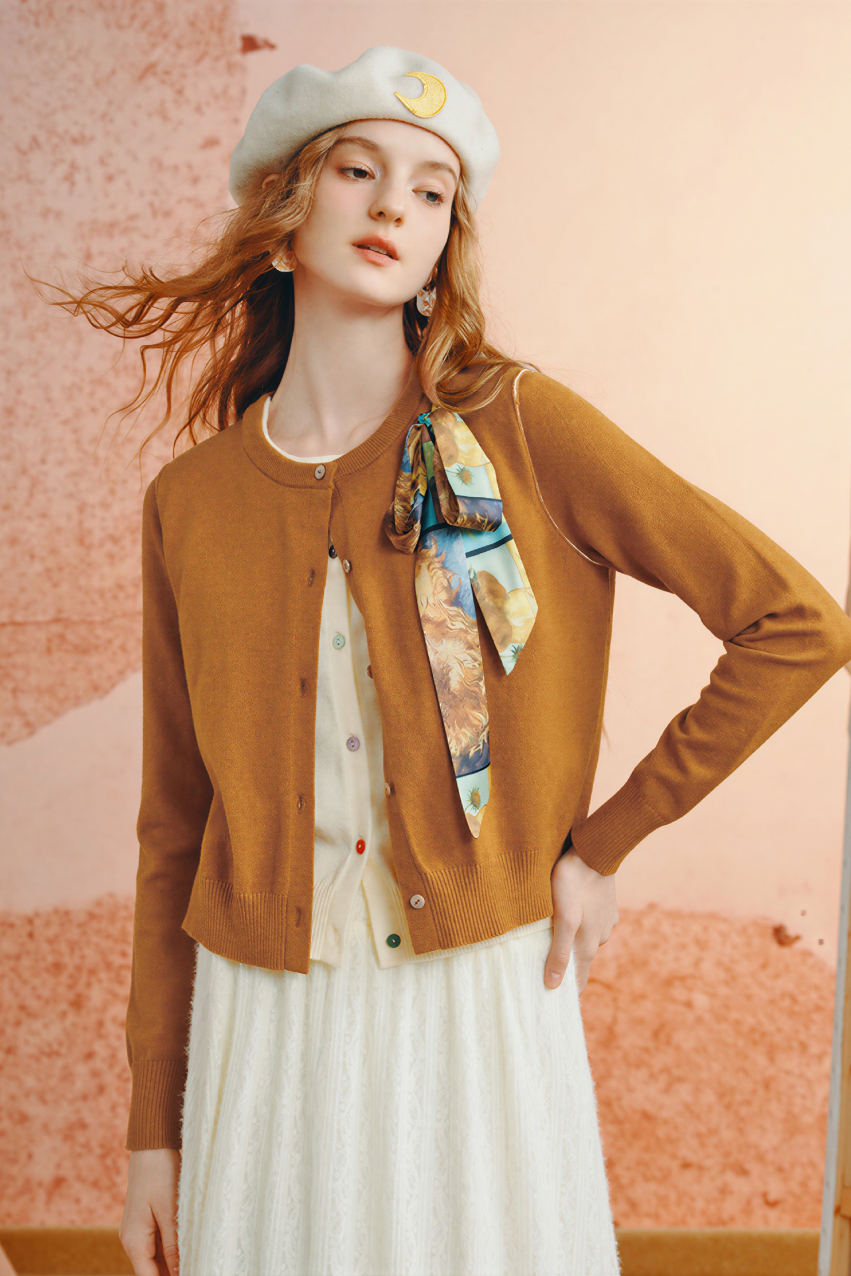 Van Gogh-Inspired Layered-Look Knit Cardigan Top