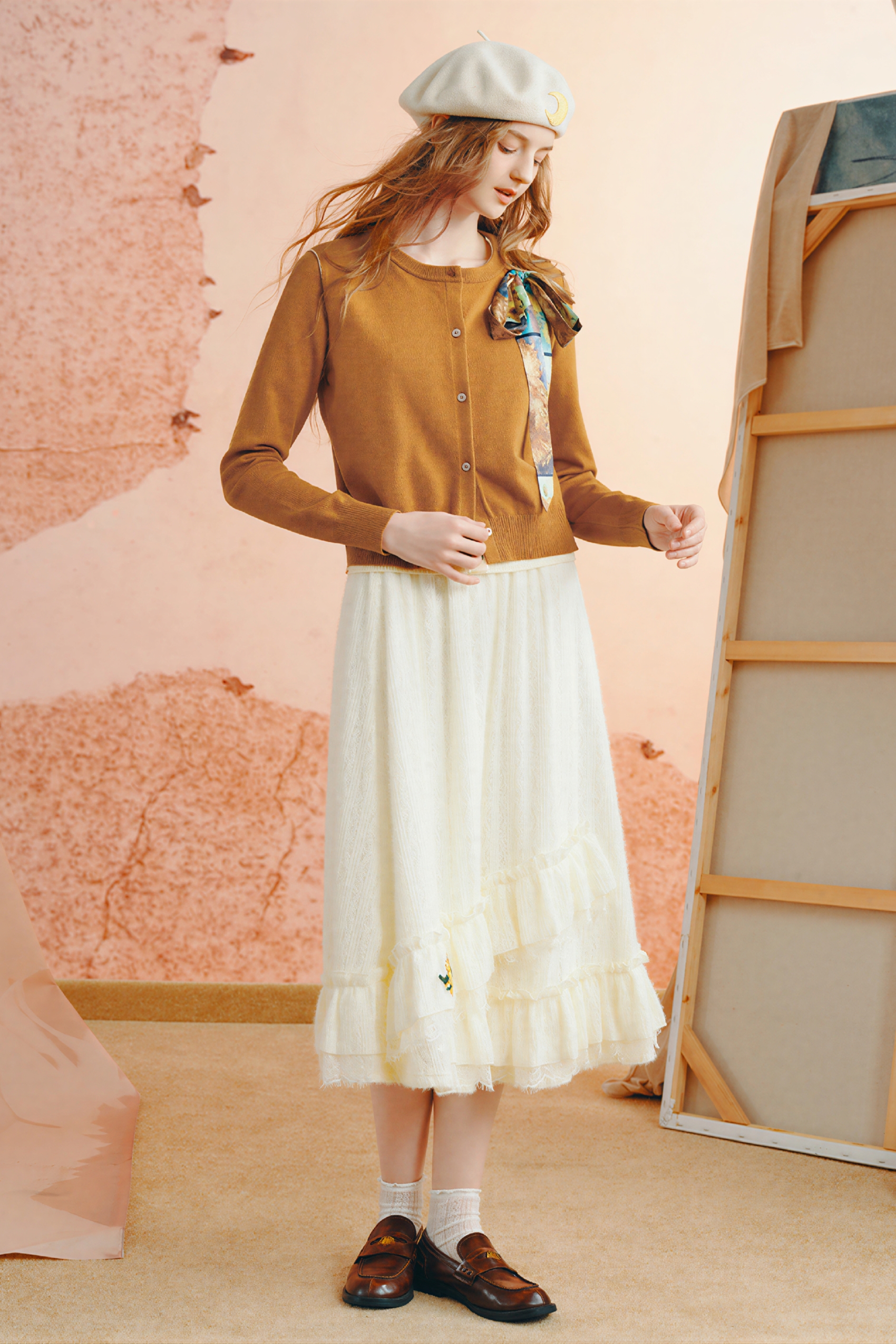 Van Gogh-Inspired Layered-Look Knit Cardigan Top