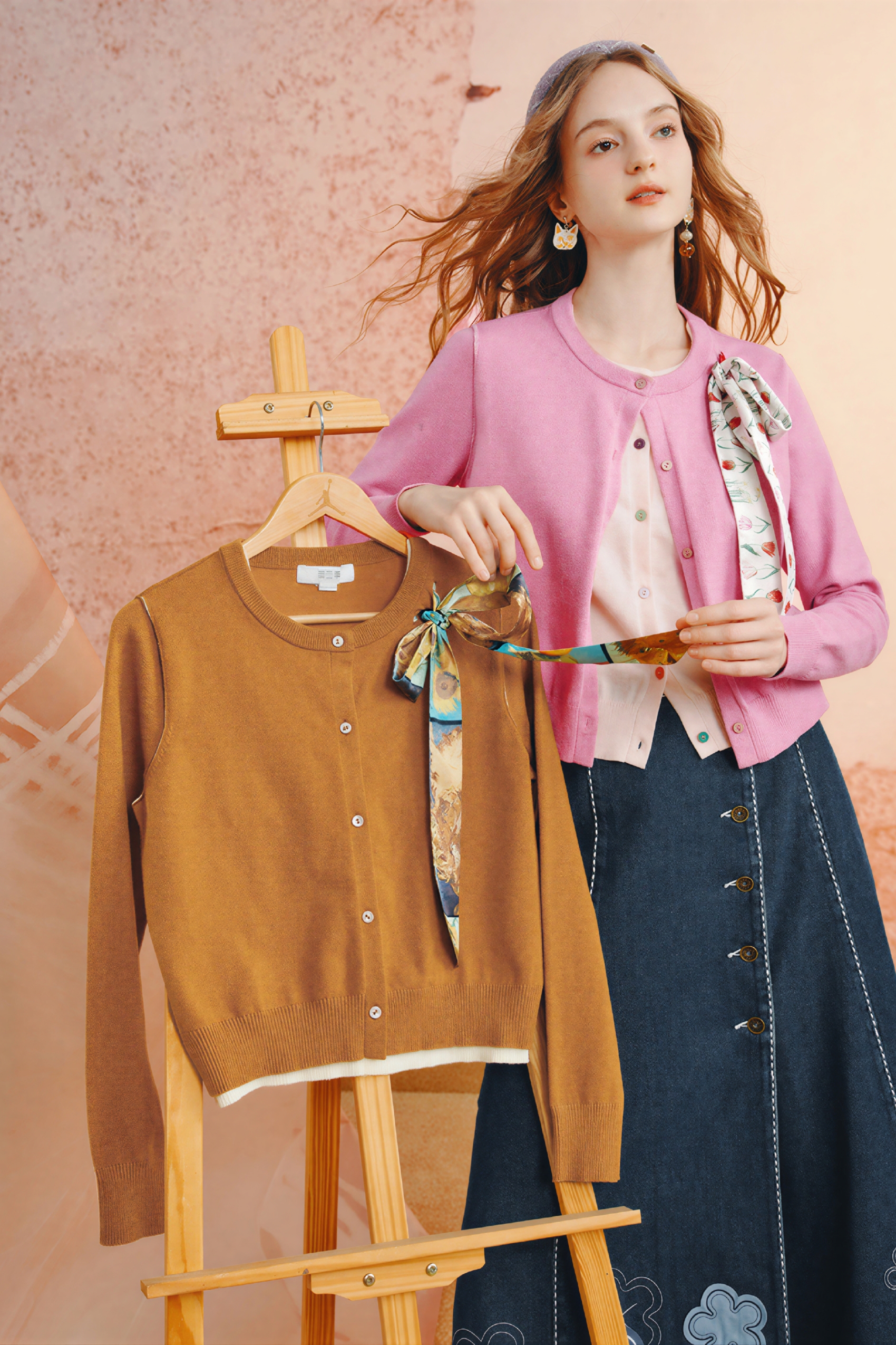 Van Gogh-Inspired Layered-Look Knit Cardigan Top