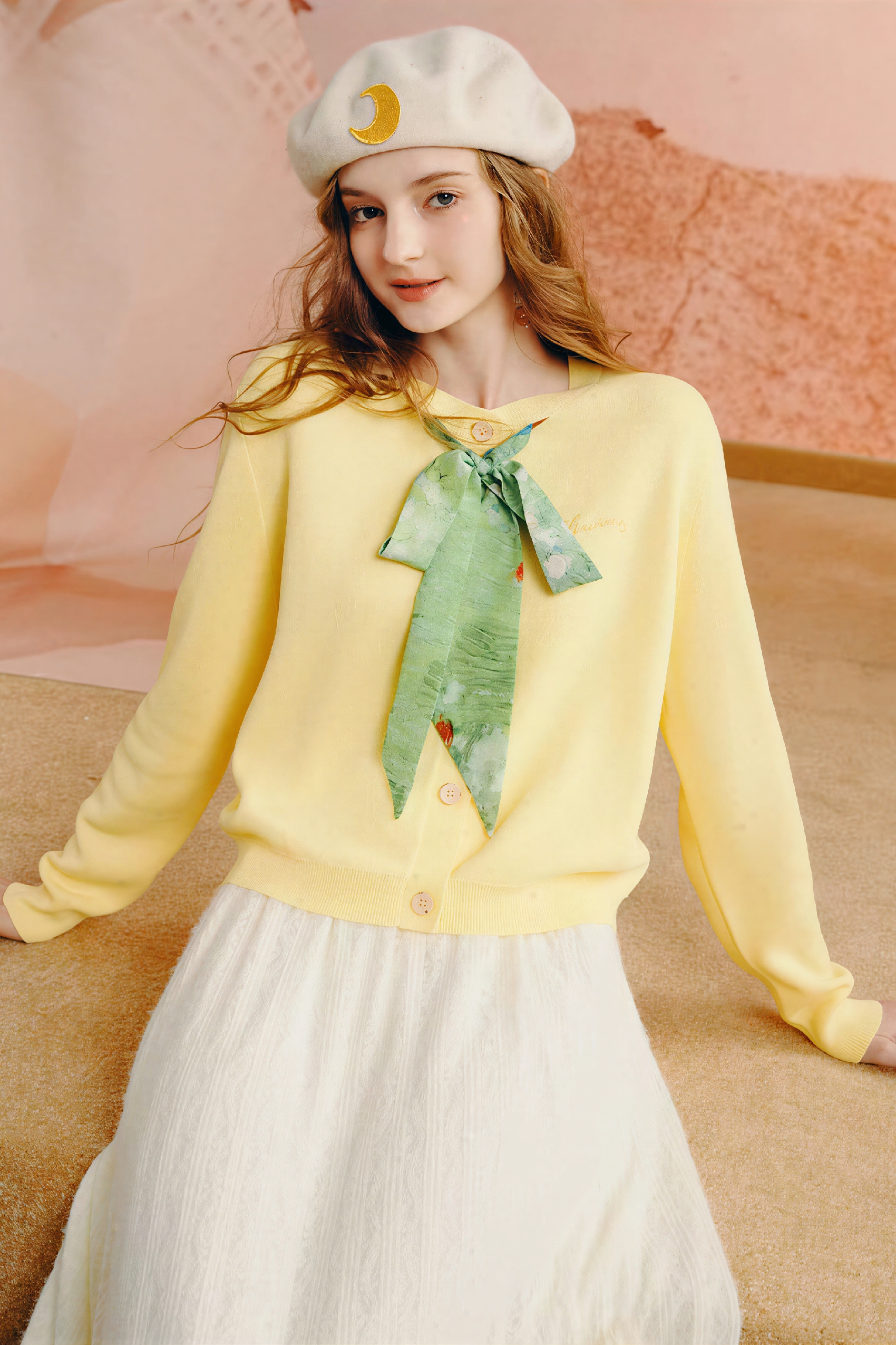 Yellow Designer Cropped Knit Cardigan