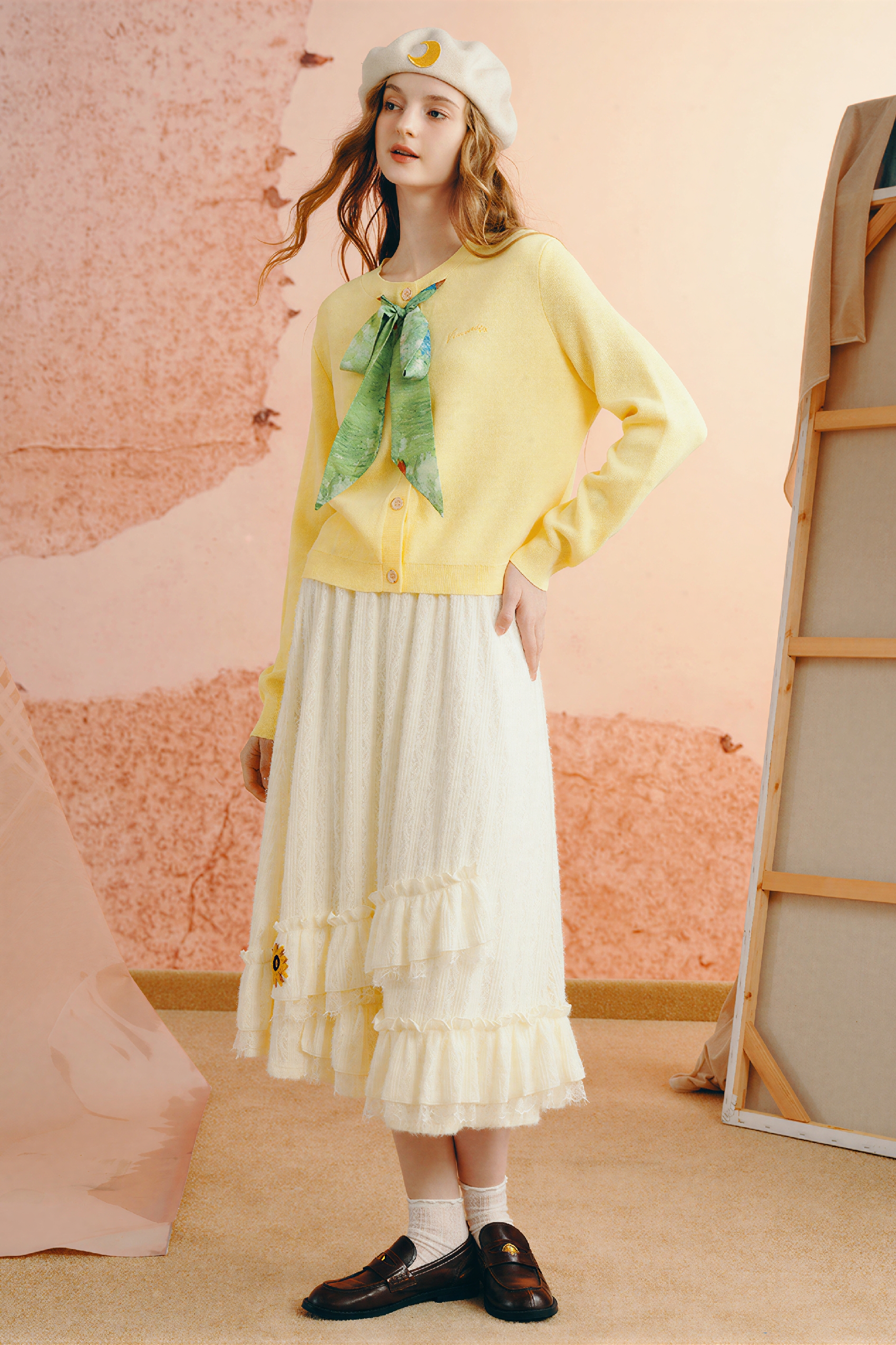 Yellow Designer Cropped Knit Cardigan