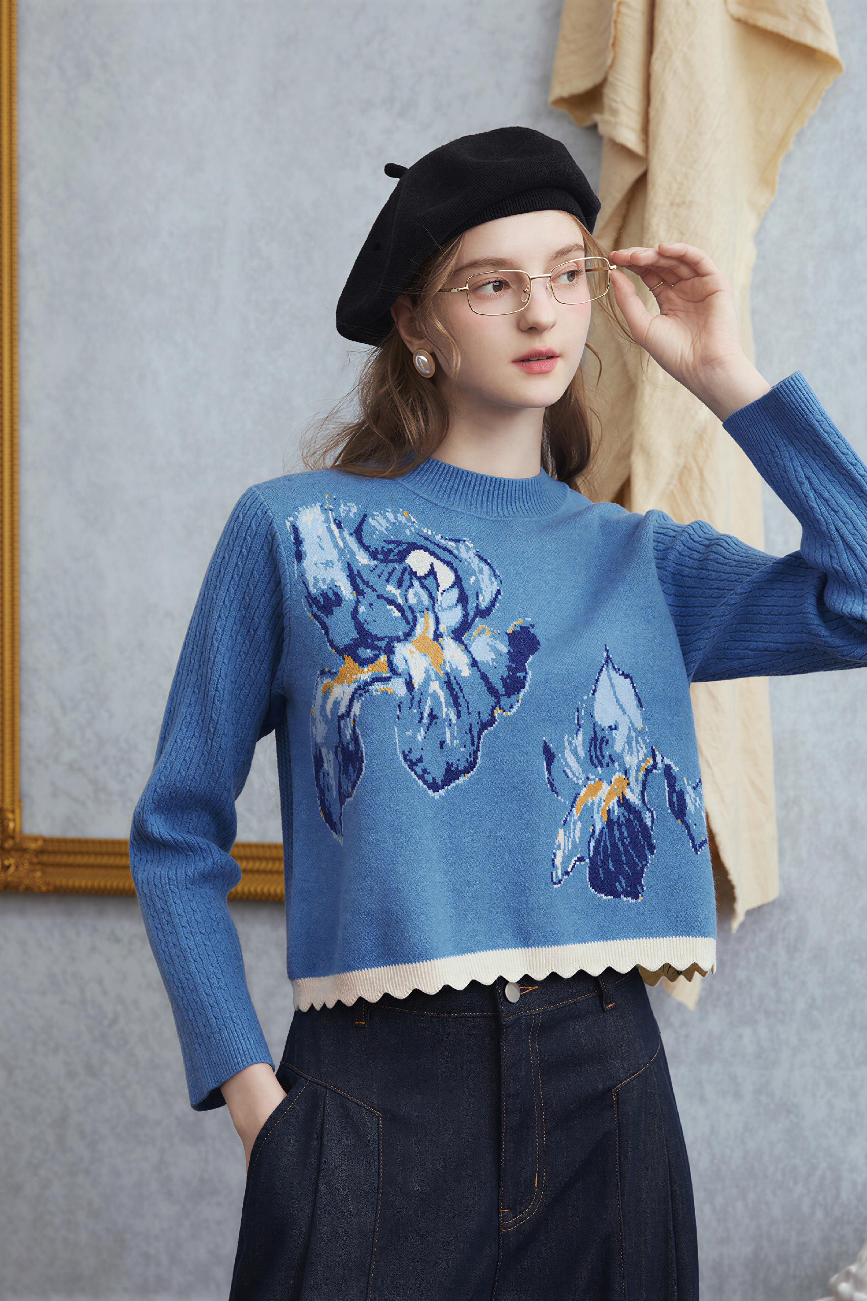 Blue Art-Inspired Cropped Knit Sweater
