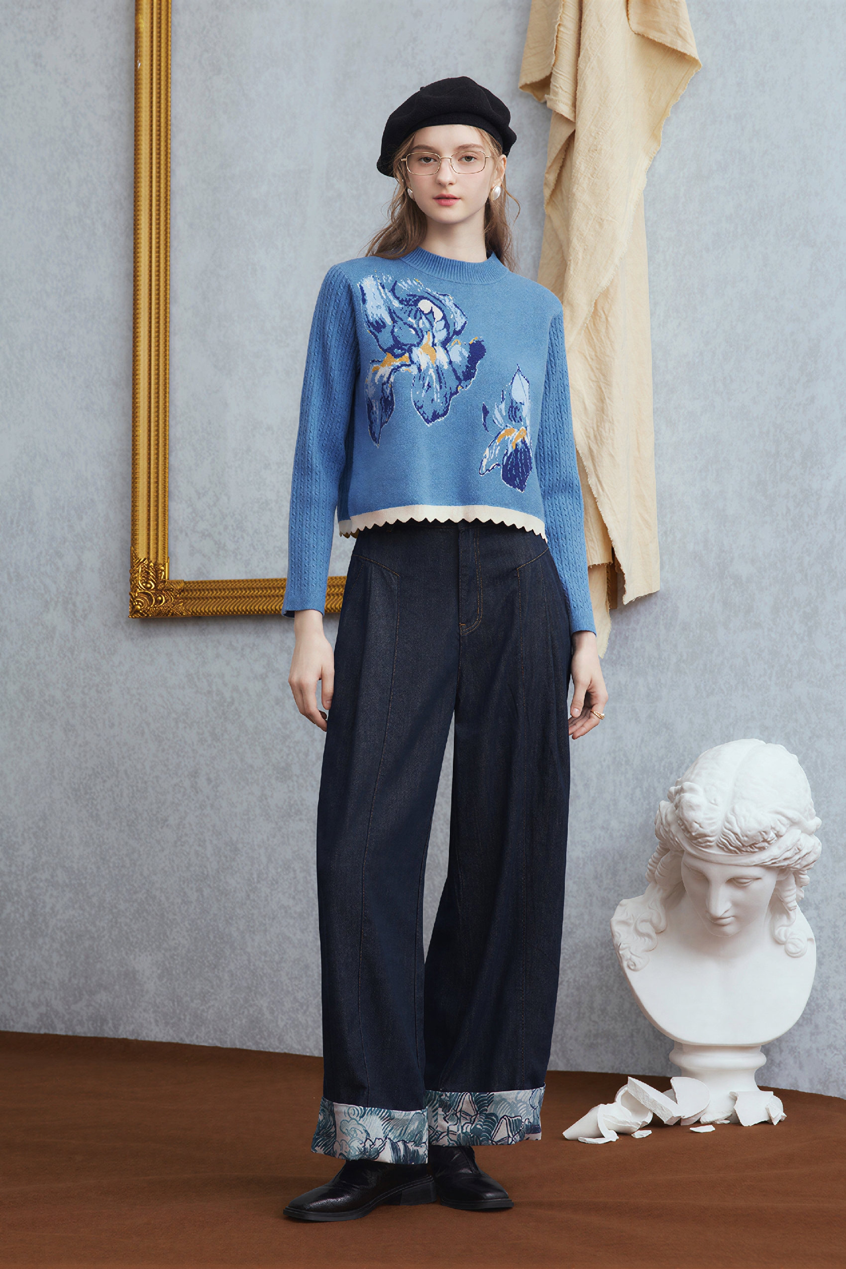 Blue Art-Inspired Cropped Knit Sweater