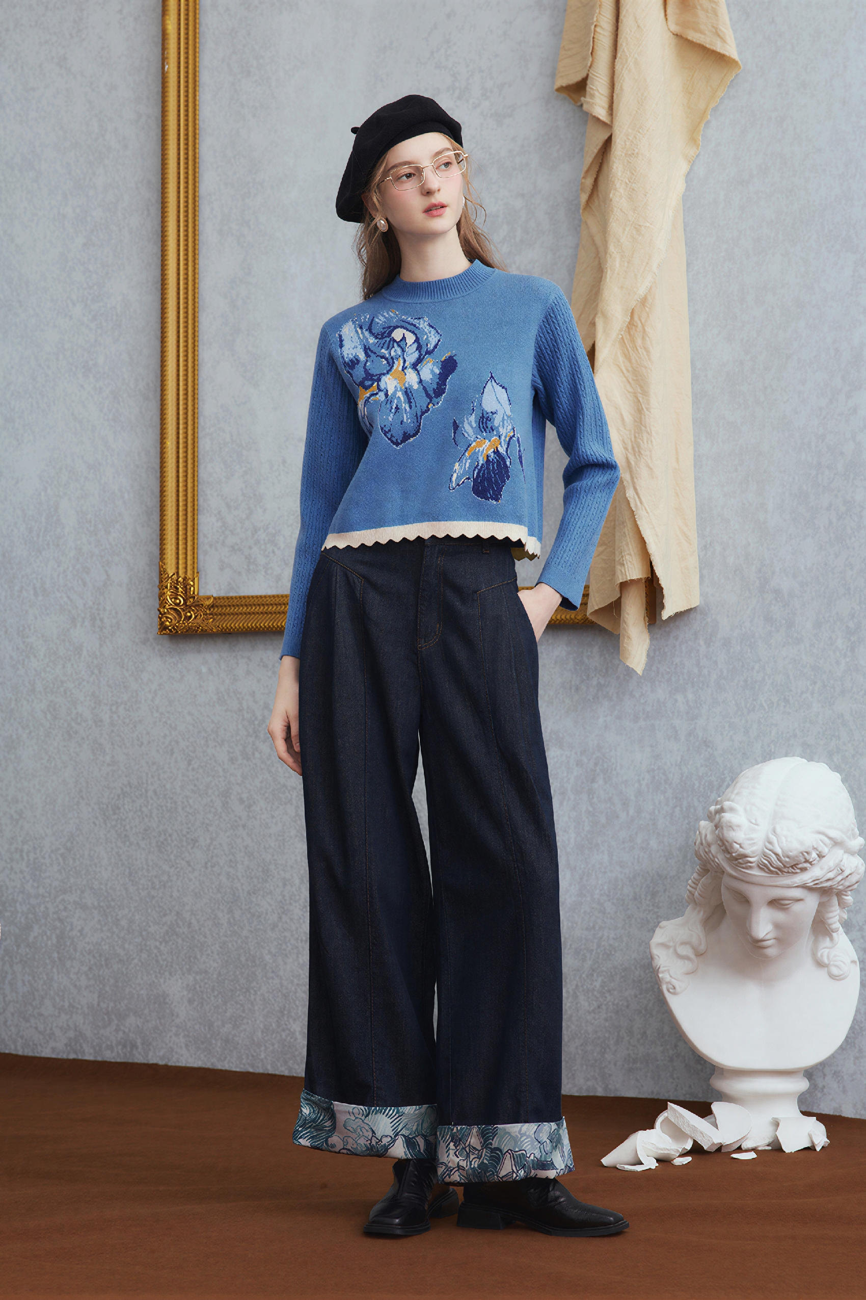 Blue Art-Inspired Cropped Knit Sweater