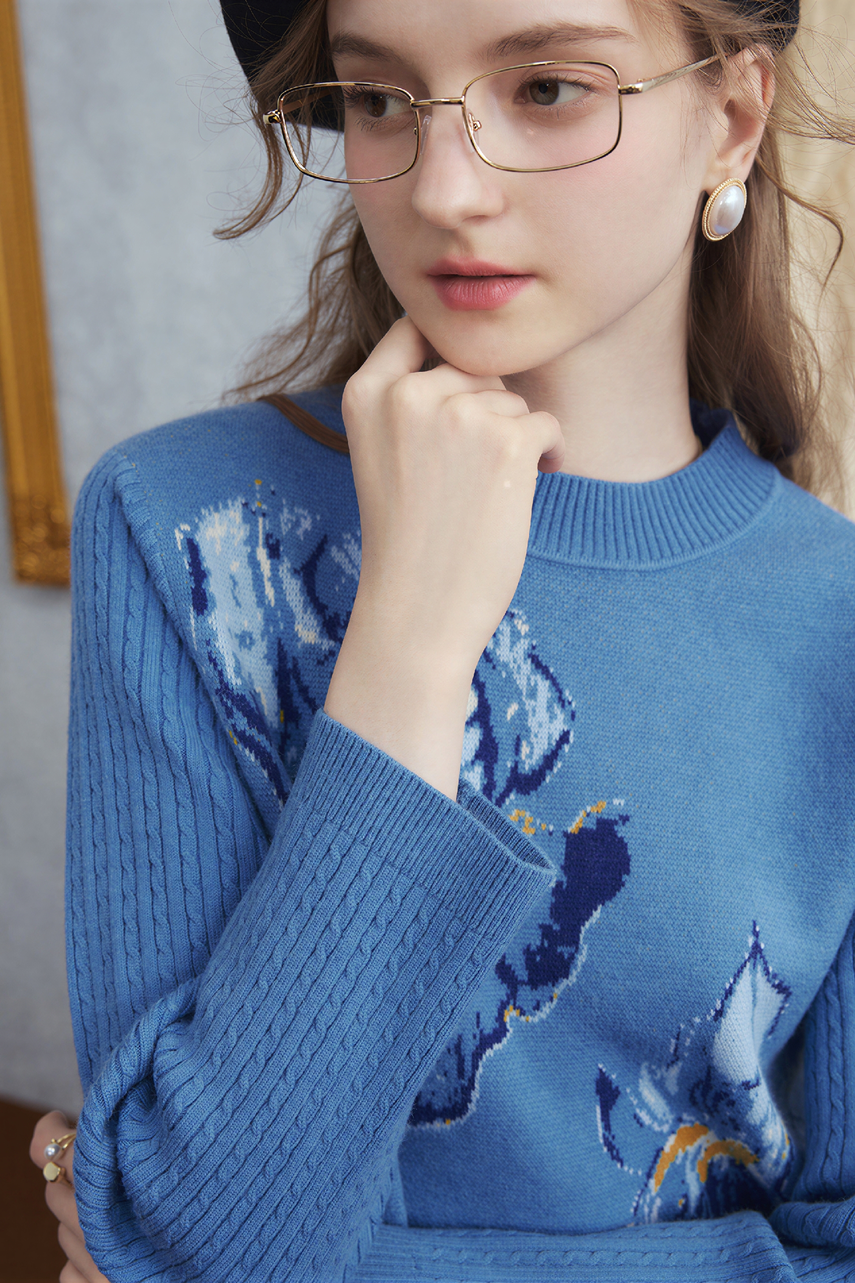 Blue Art-Inspired Cropped Knit Sweater