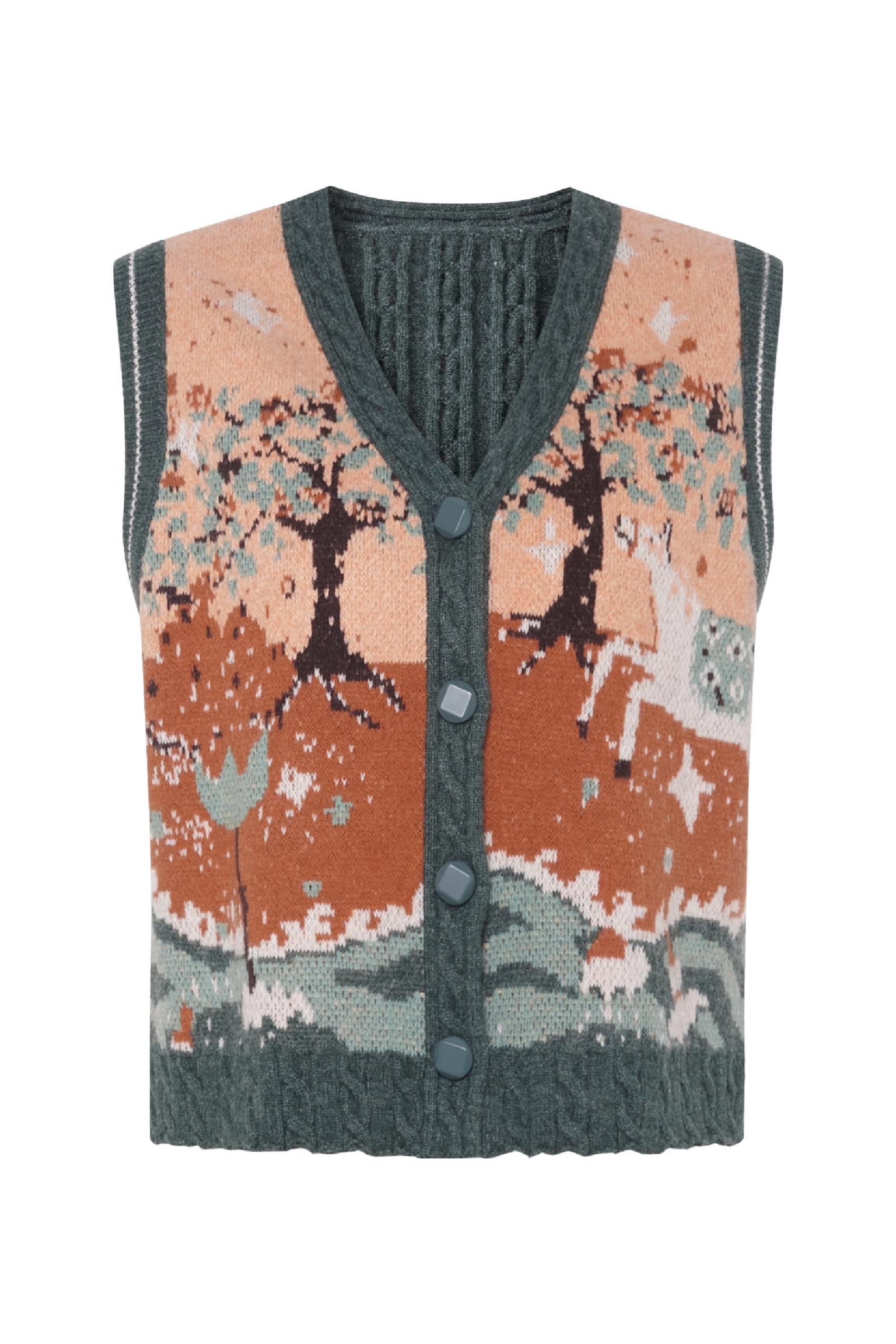 Vintage jacquard sleeveless knitted cardigan